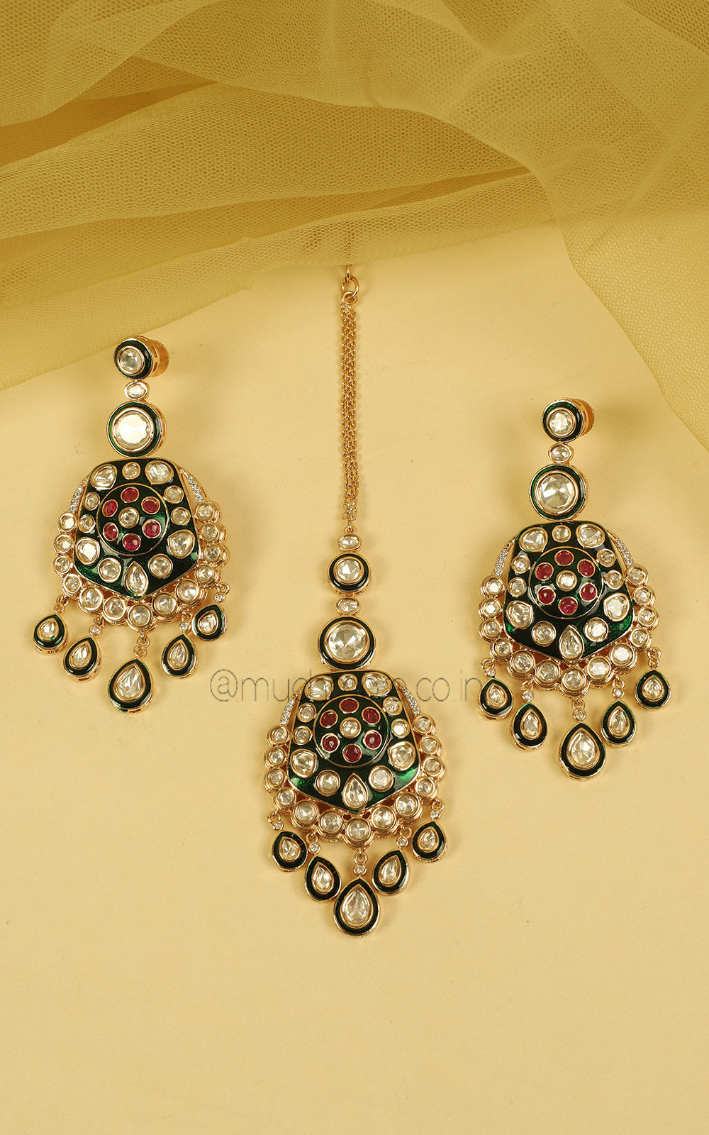 Ruby Green Meenakari Double Layer Necklace Earrings Tikka Set