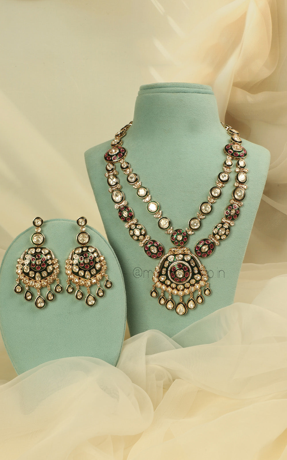 Ruby Green Meenakari Double Layer Necklace Earrings Tikka Set