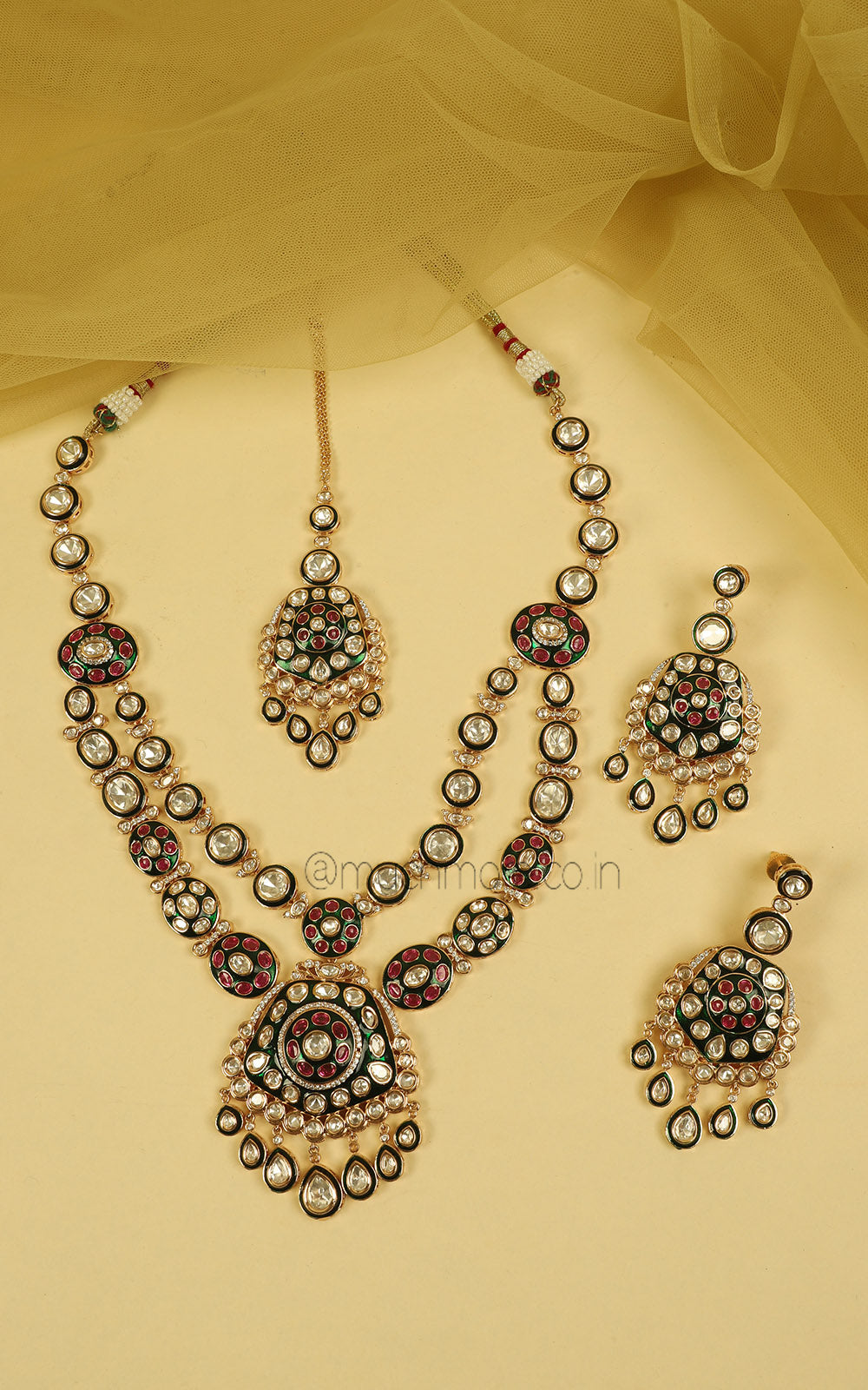 Ruby Green Meenakari Double Layer Necklace Earrings Tikka Set