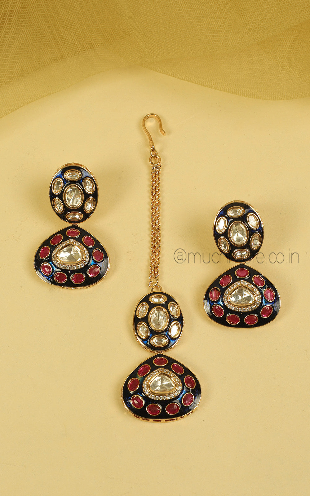 Ruby Blue Meenakari Double Layer Necklace Earring Tikka Set