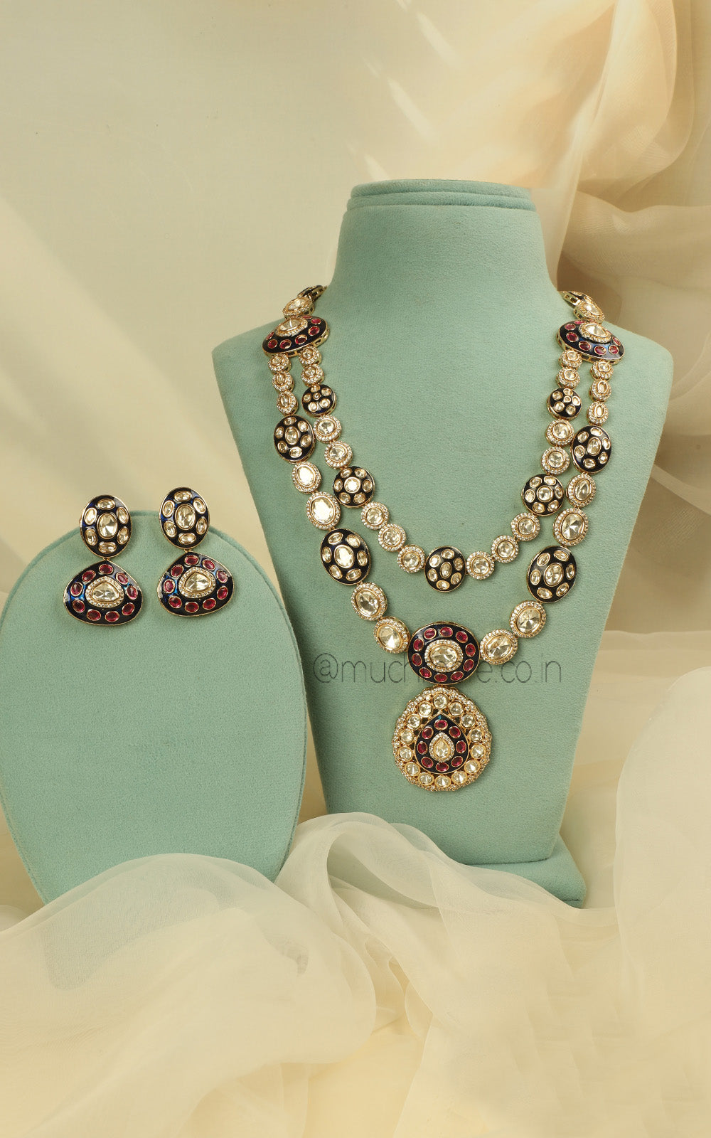 Ruby Blue Meenakari Double Layer Necklace Earring Tikka Set