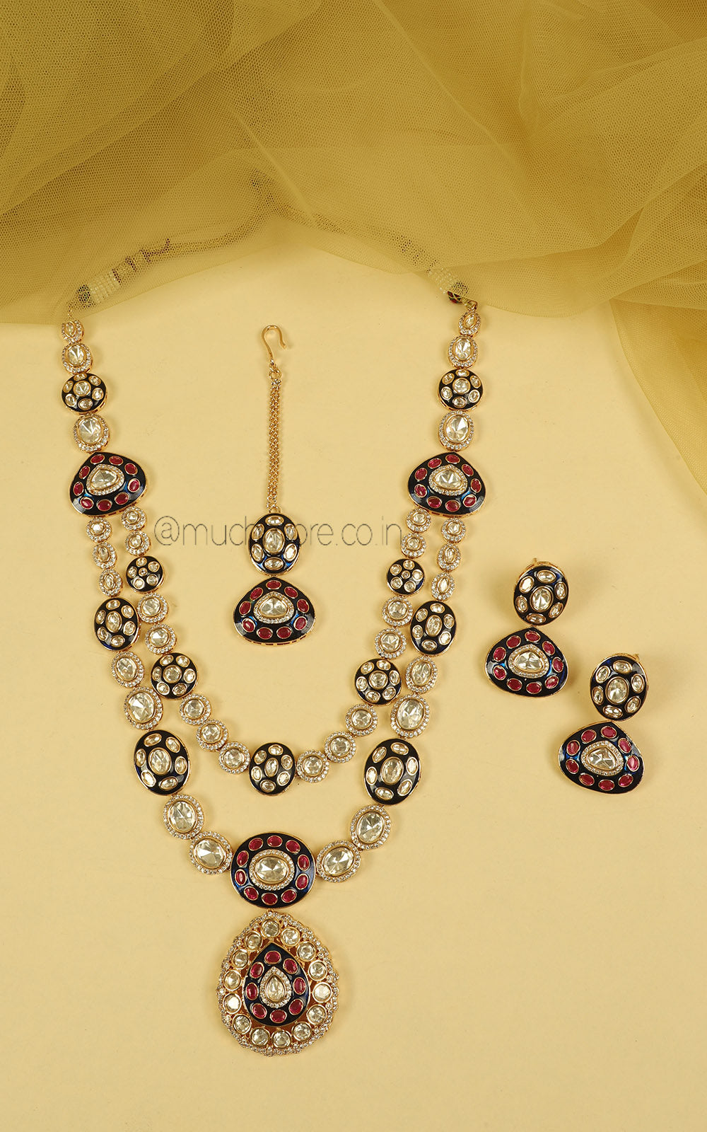 Ruby Blue Meenakari Double Layer Necklace Earring Tikka Set
