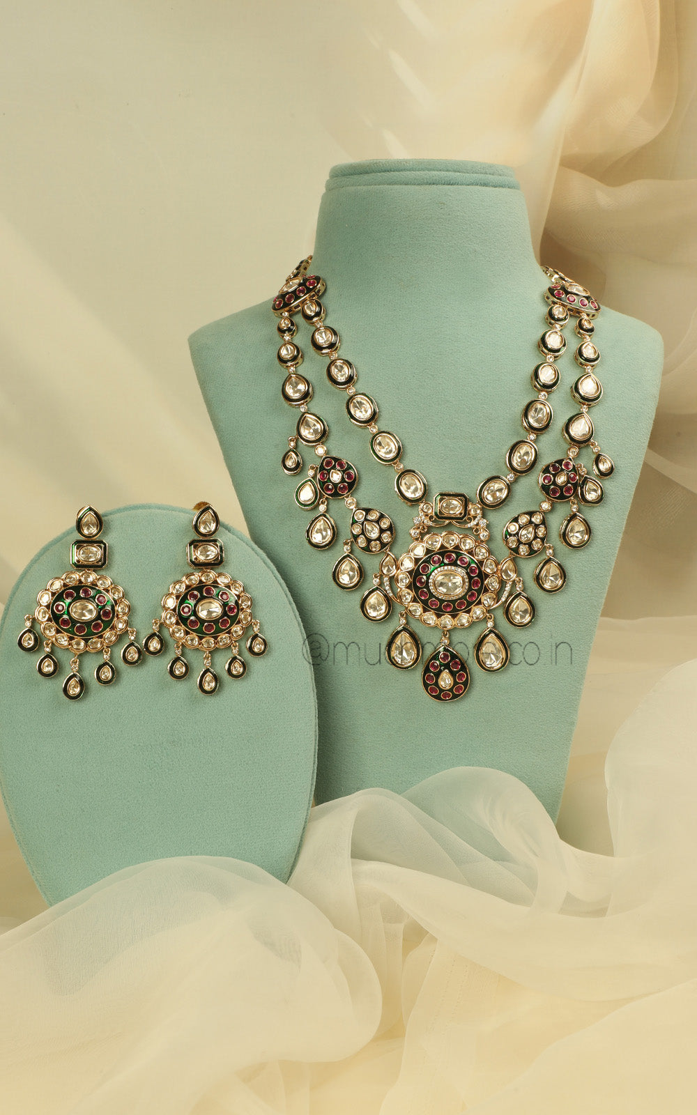 Ruby Green Kundan Double Layer Bridal Necklace Set