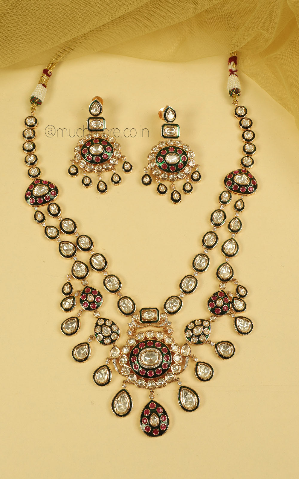 Ruby Green Kundan Double Layer Bridal Necklace Set