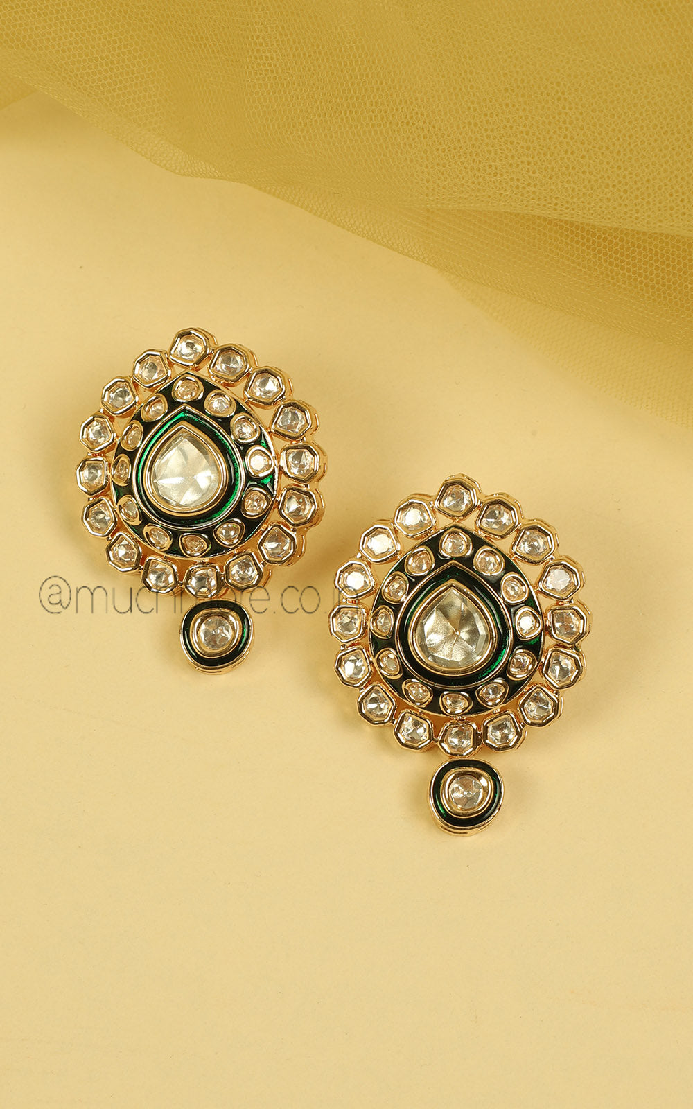 Emerald Green Meena Polki Kundan Pendant Necklace Set