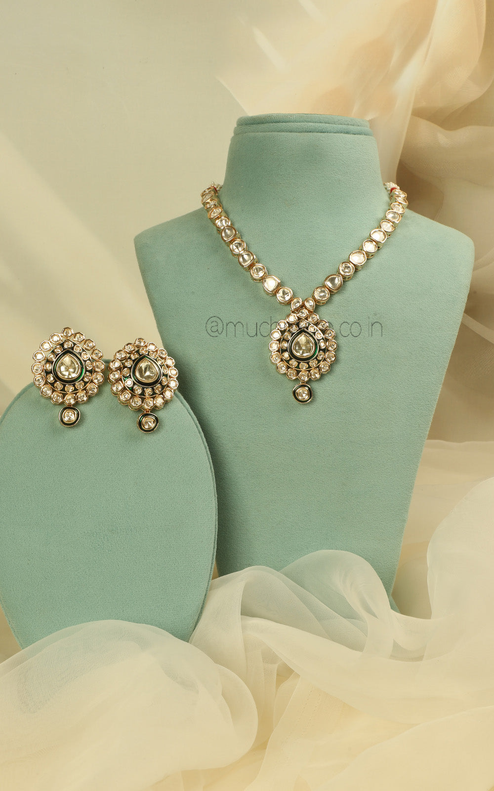 Emerald Green Meena Polki Kundan Pendant Necklace Set