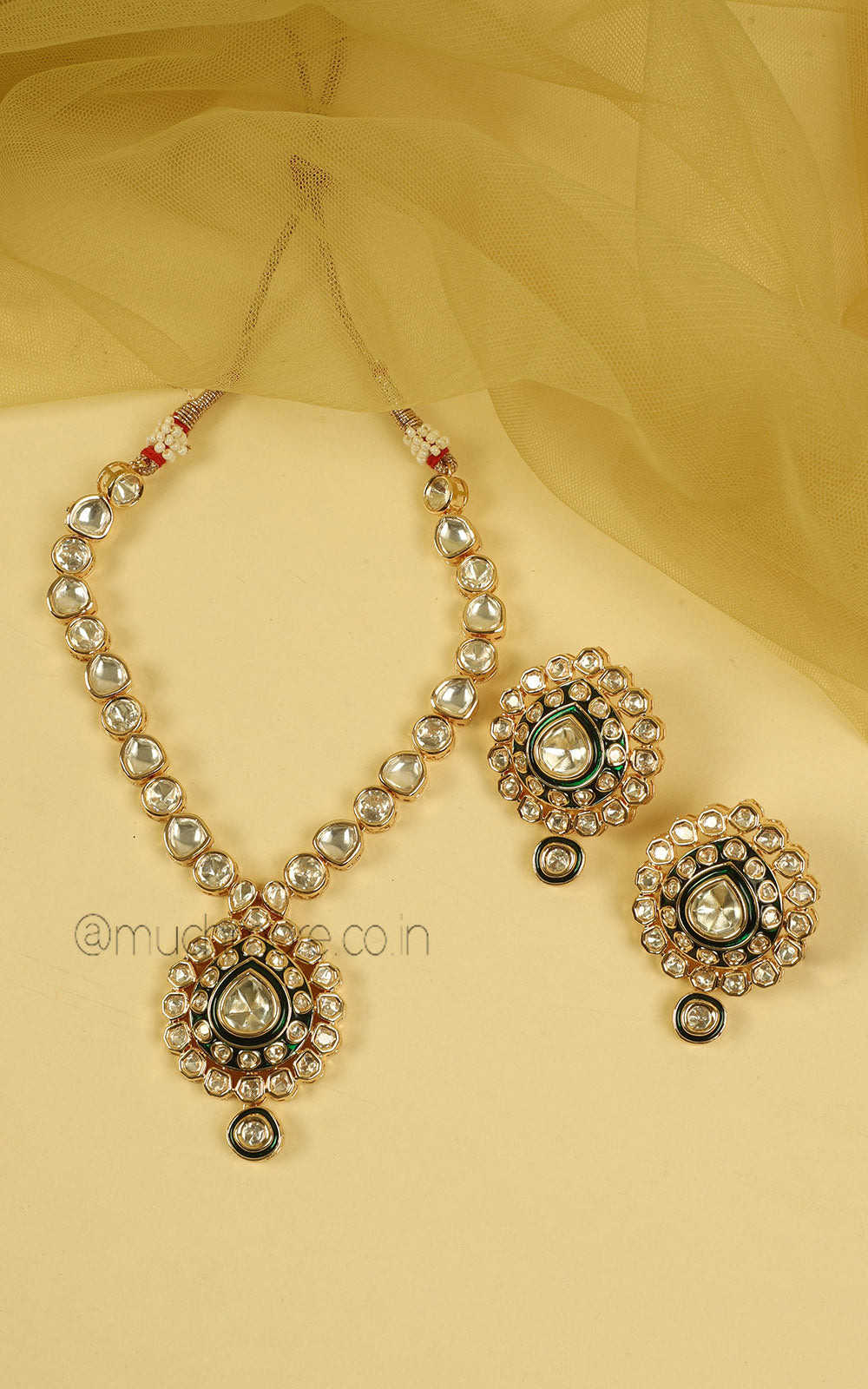 Emerald Green Meena Polki Kundan Pendant Necklace Set