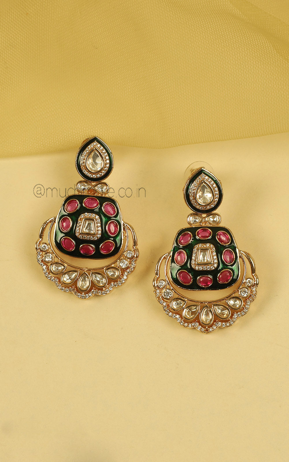 Ruby Green Meena Kundan Necklace Earrings For Bride To Be