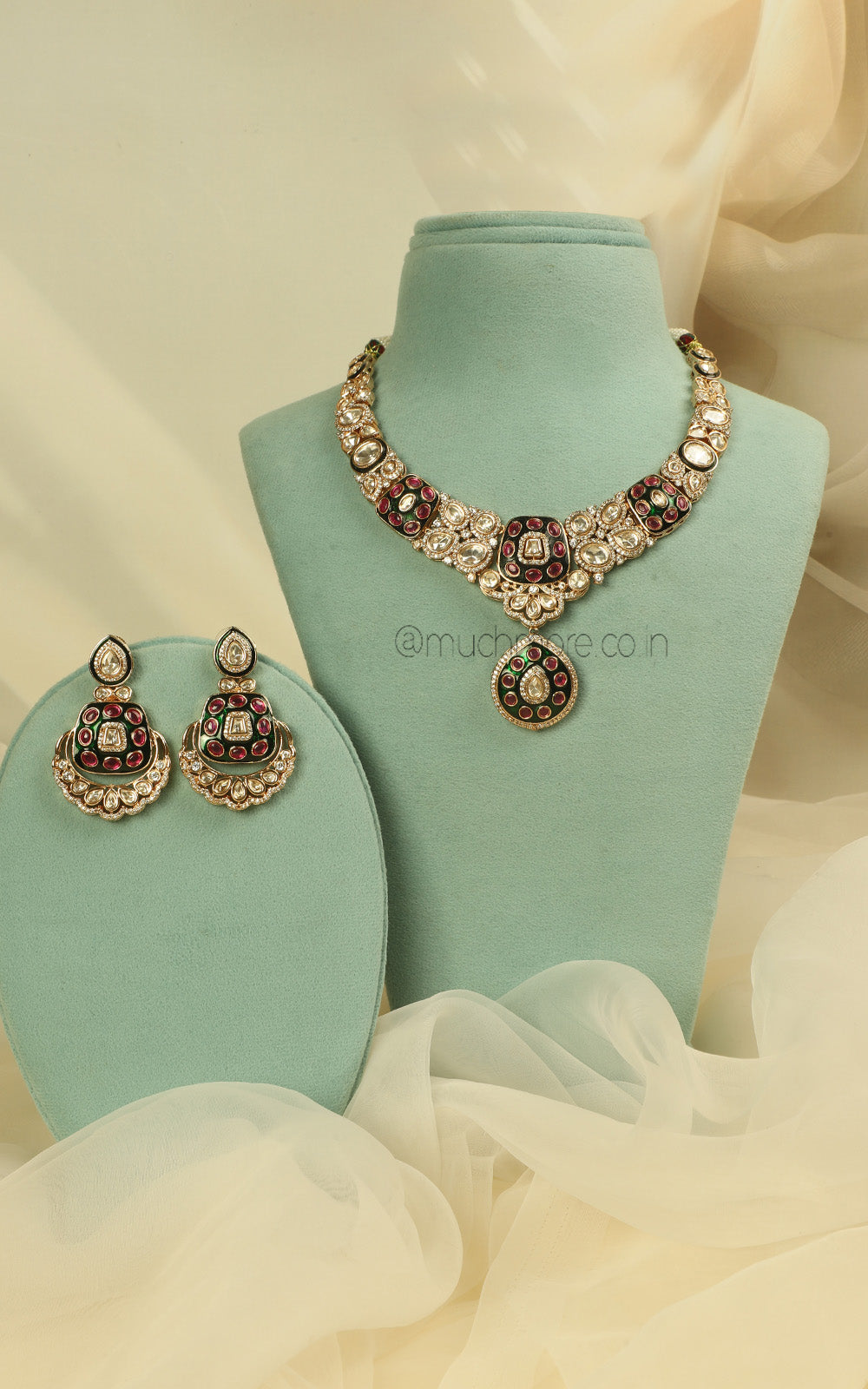 Ruby Green Meena Kundan Necklace Earrings For Bride To Be