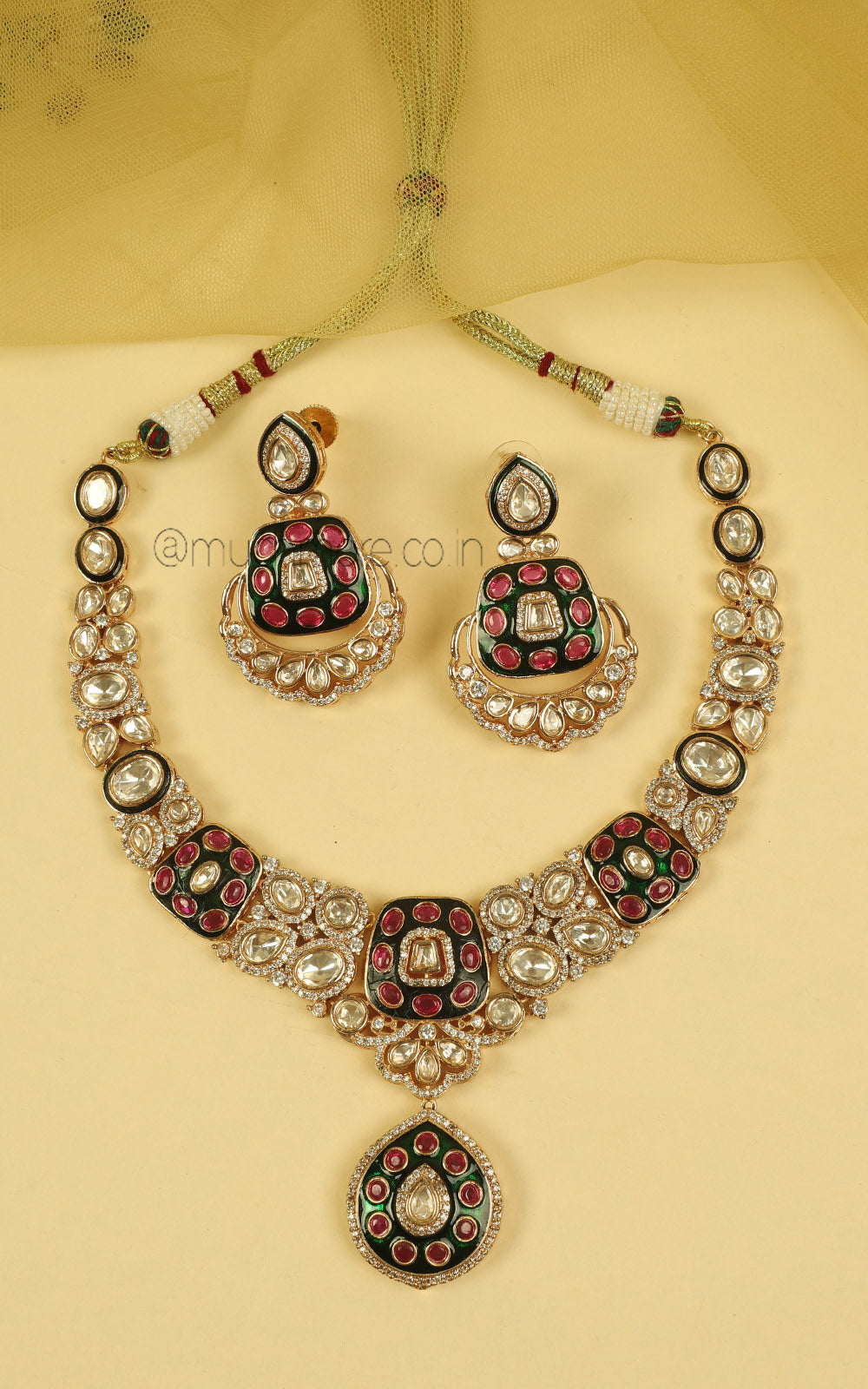 Ruby Green Meena Kundan Necklace Earrings For Bride To Be