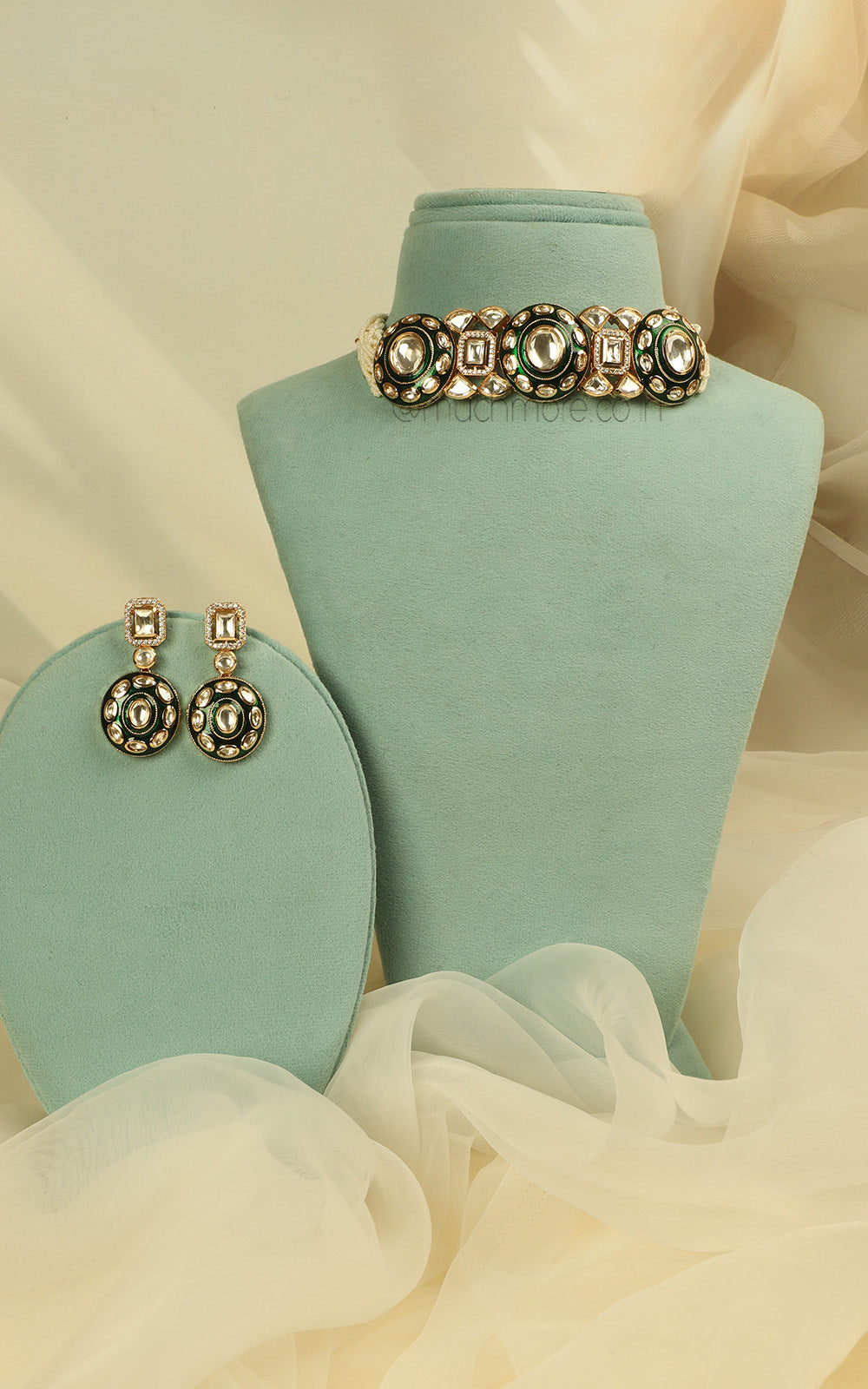 Emerald Green Meenakari Beaded Choker With Earrings