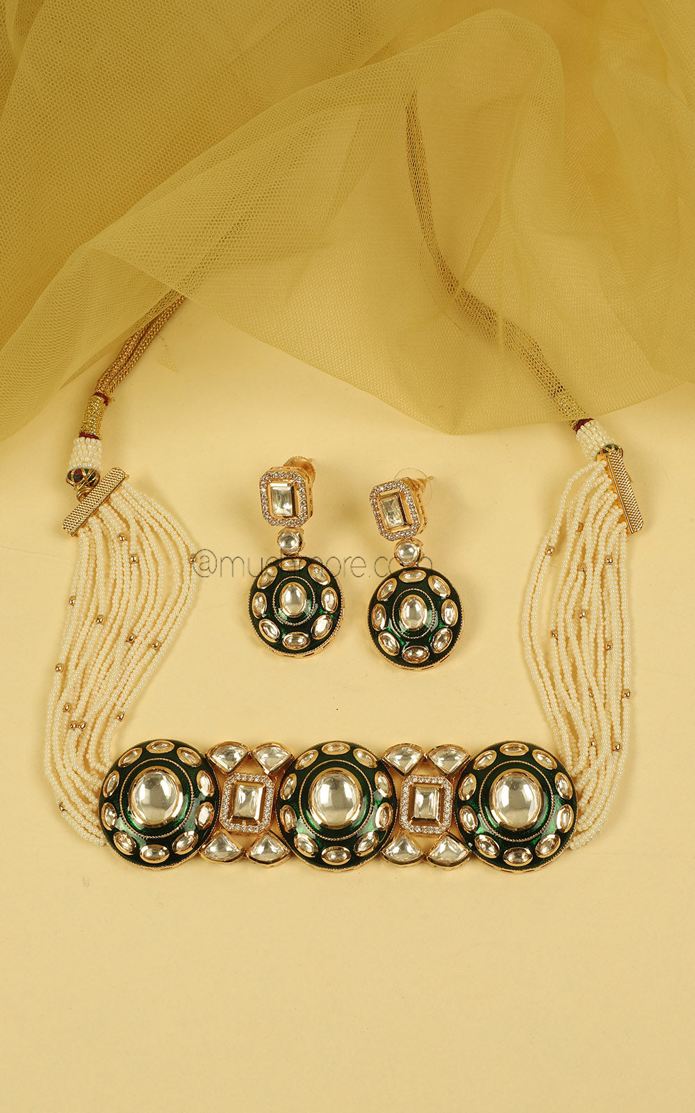 Emerald Green Meenakari Beaded Choker With Earrings