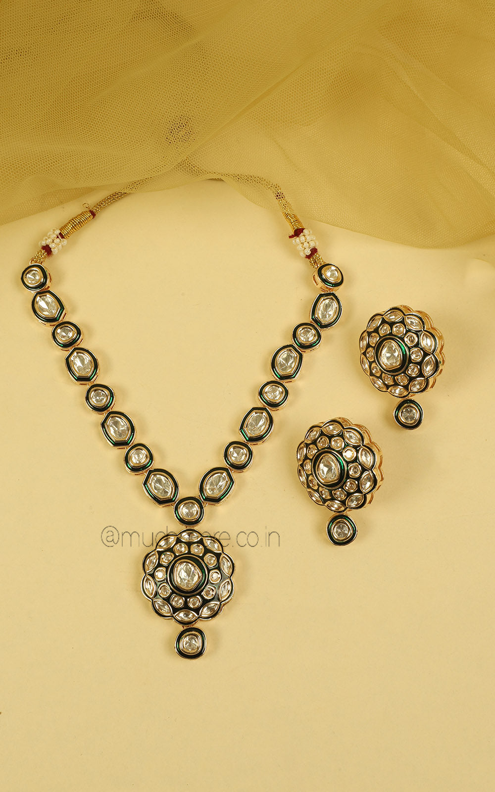 Emerald Green Meenakari Uncut Kundan Pendant Necklace Set