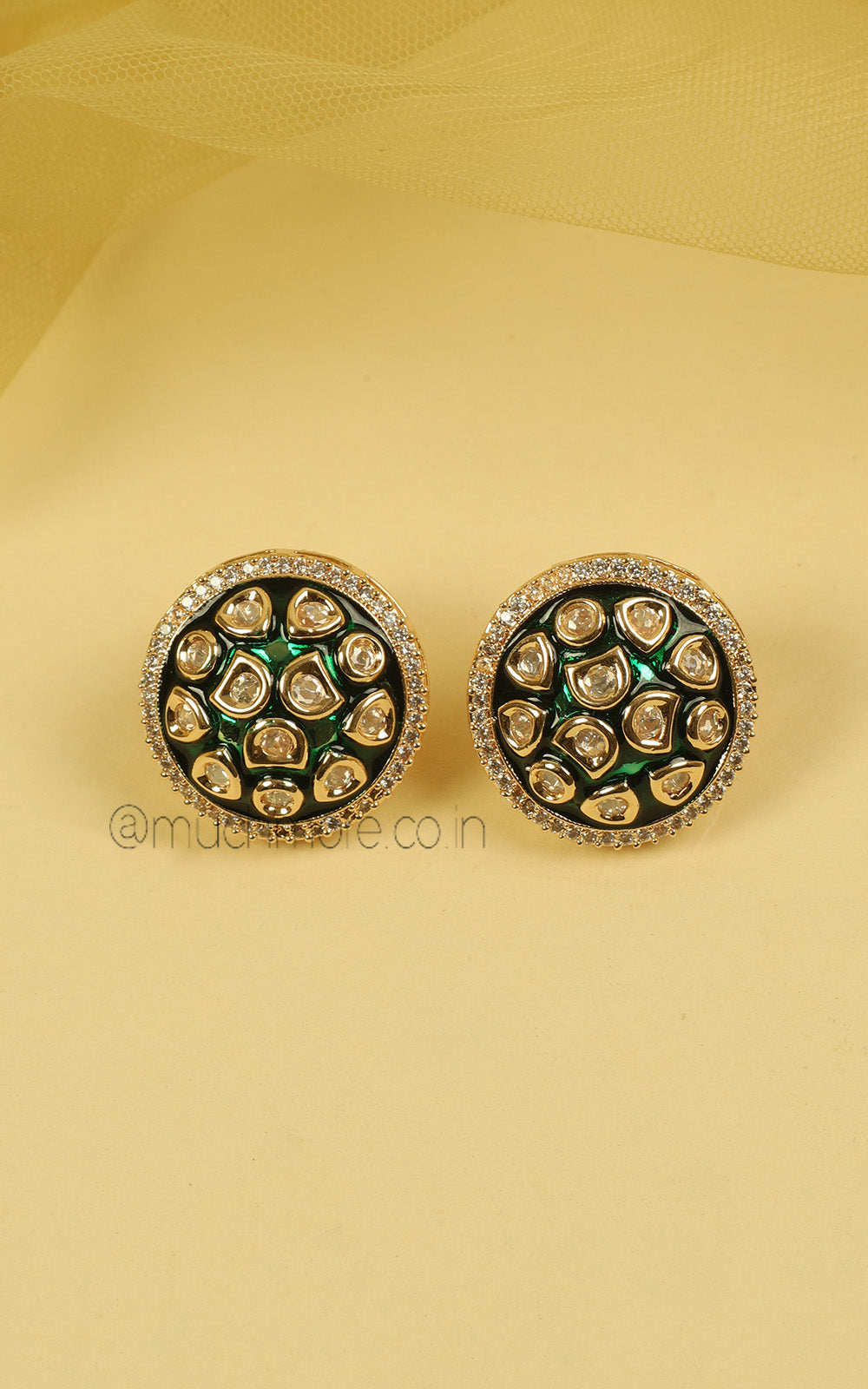 Emerald Green Enamel Work Sleek Necklace With Stud Earrings