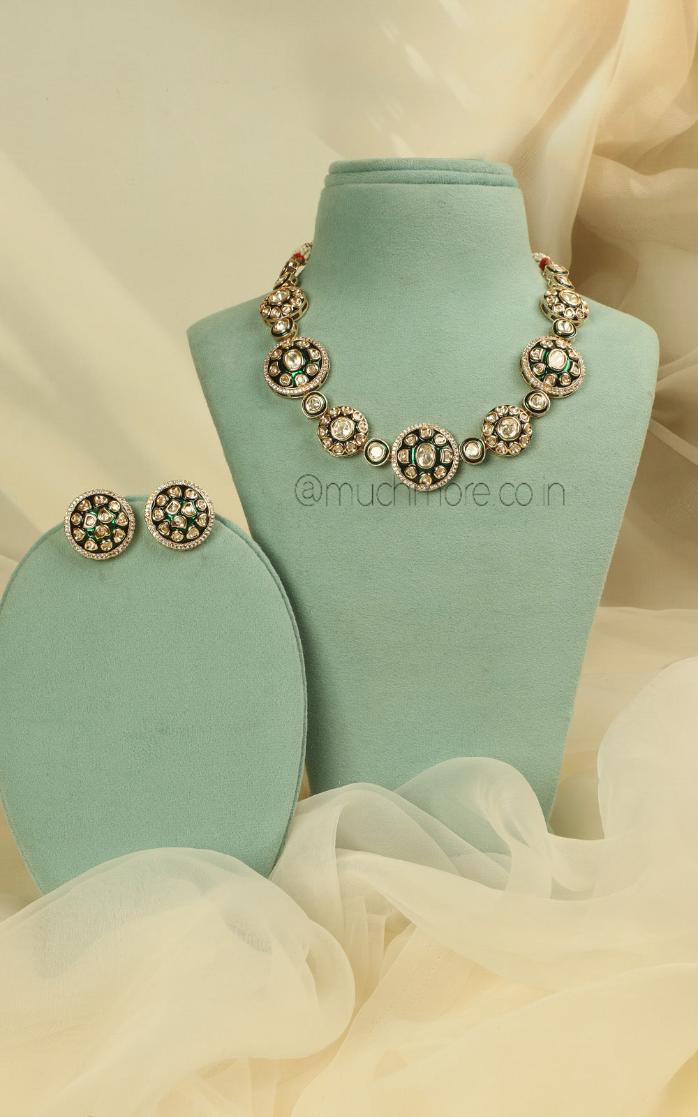 Emerald Green Enamel Work Sleek Necklace With Stud Earrings
