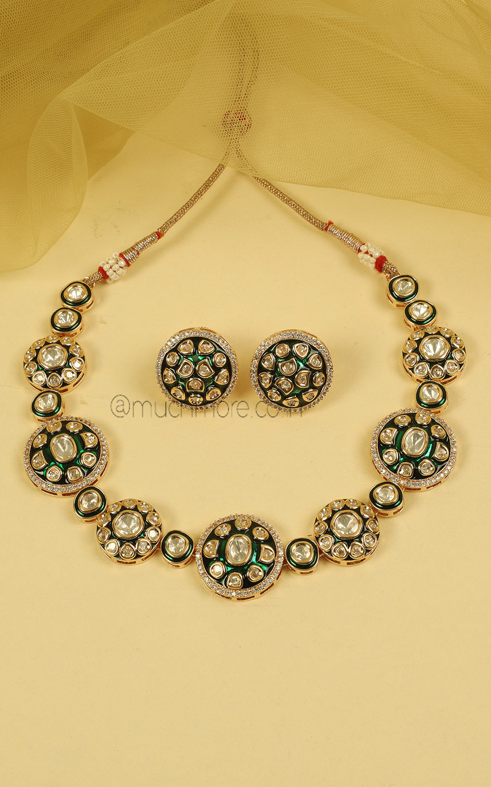 Emerald Green Enamel Work Sleek Necklace With Stud Earrings