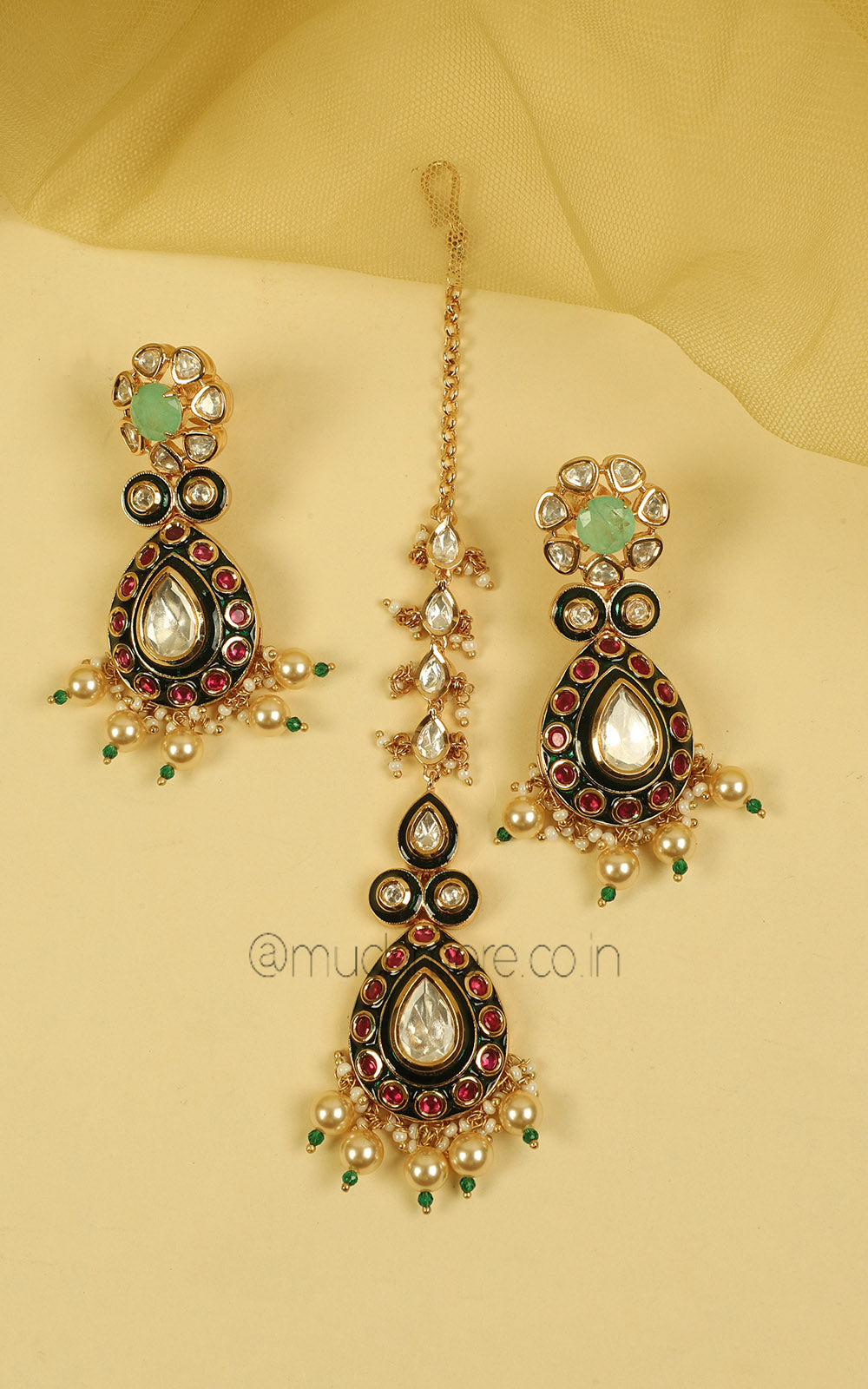 Ruby Green Meenakari Necklace Earrings Maang Tikka Set