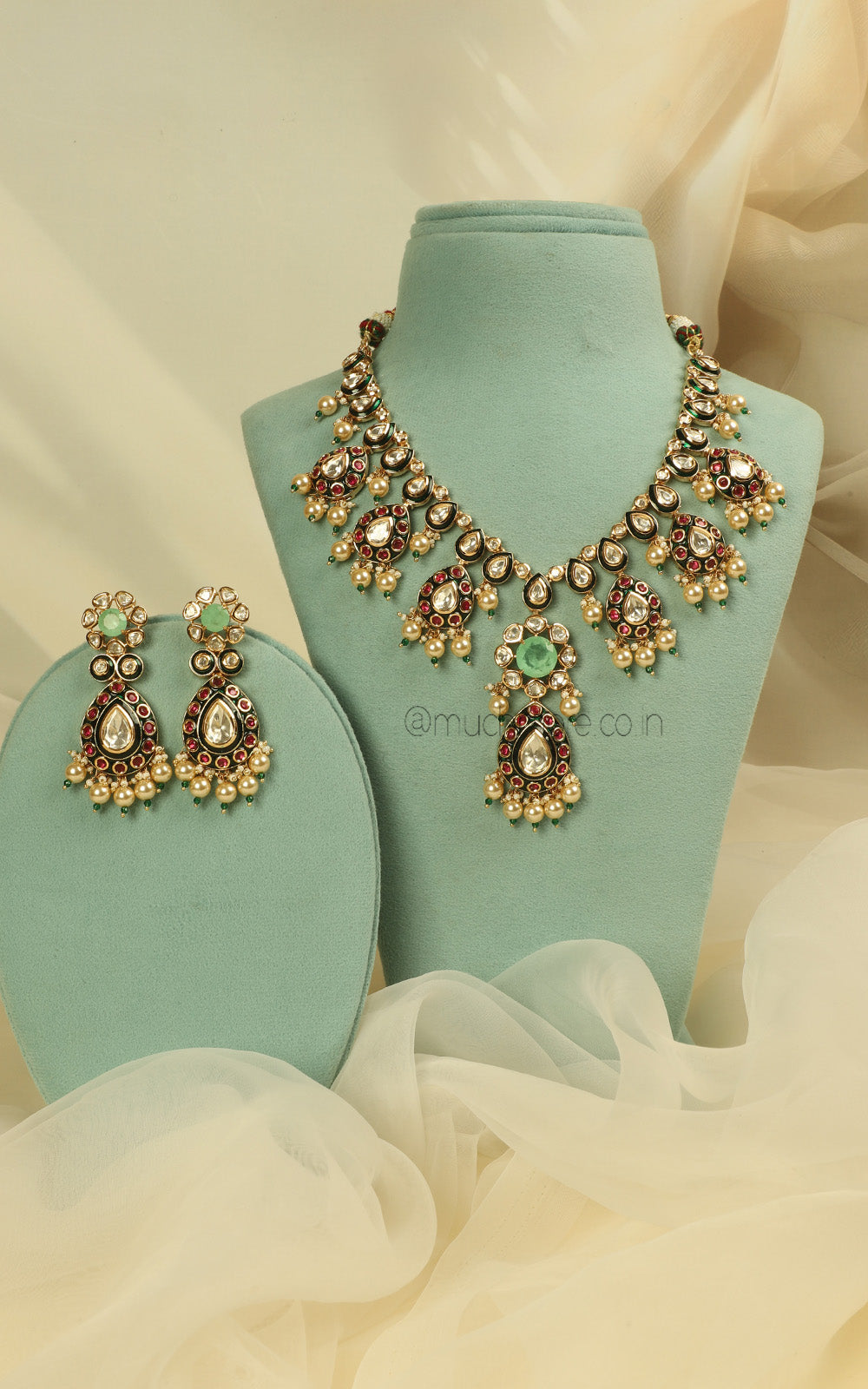 Ruby Green Meenakari Necklace Earrings Maang Tikka Set