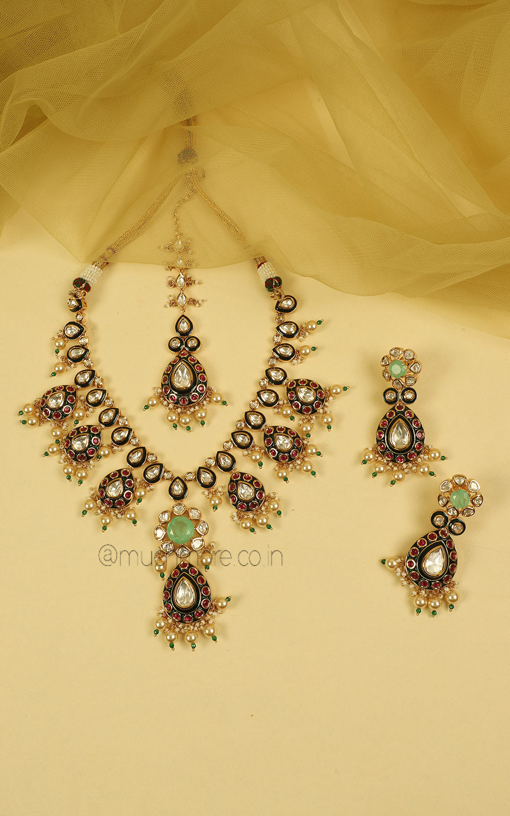 Ruby Green Meenakari Necklace Earrings Maang Tikka Set