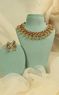 Gold Polish Kundan Carving Work Light Necklace Earrings