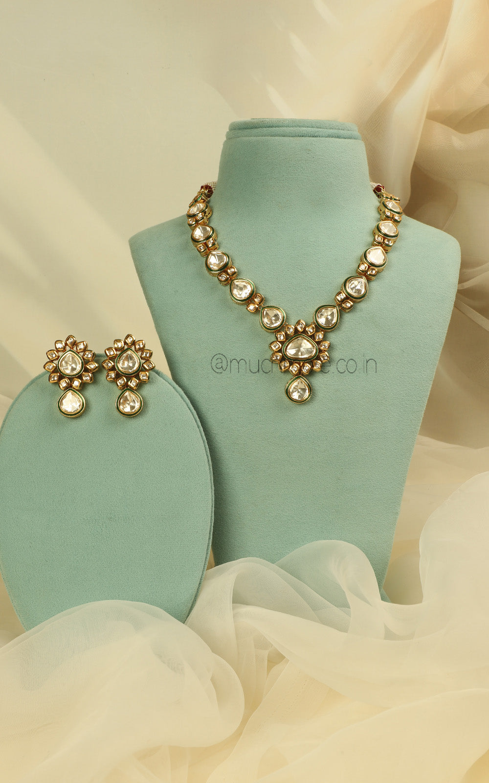 Polki Kundan Enamel Work Light Necklace Earrings Set