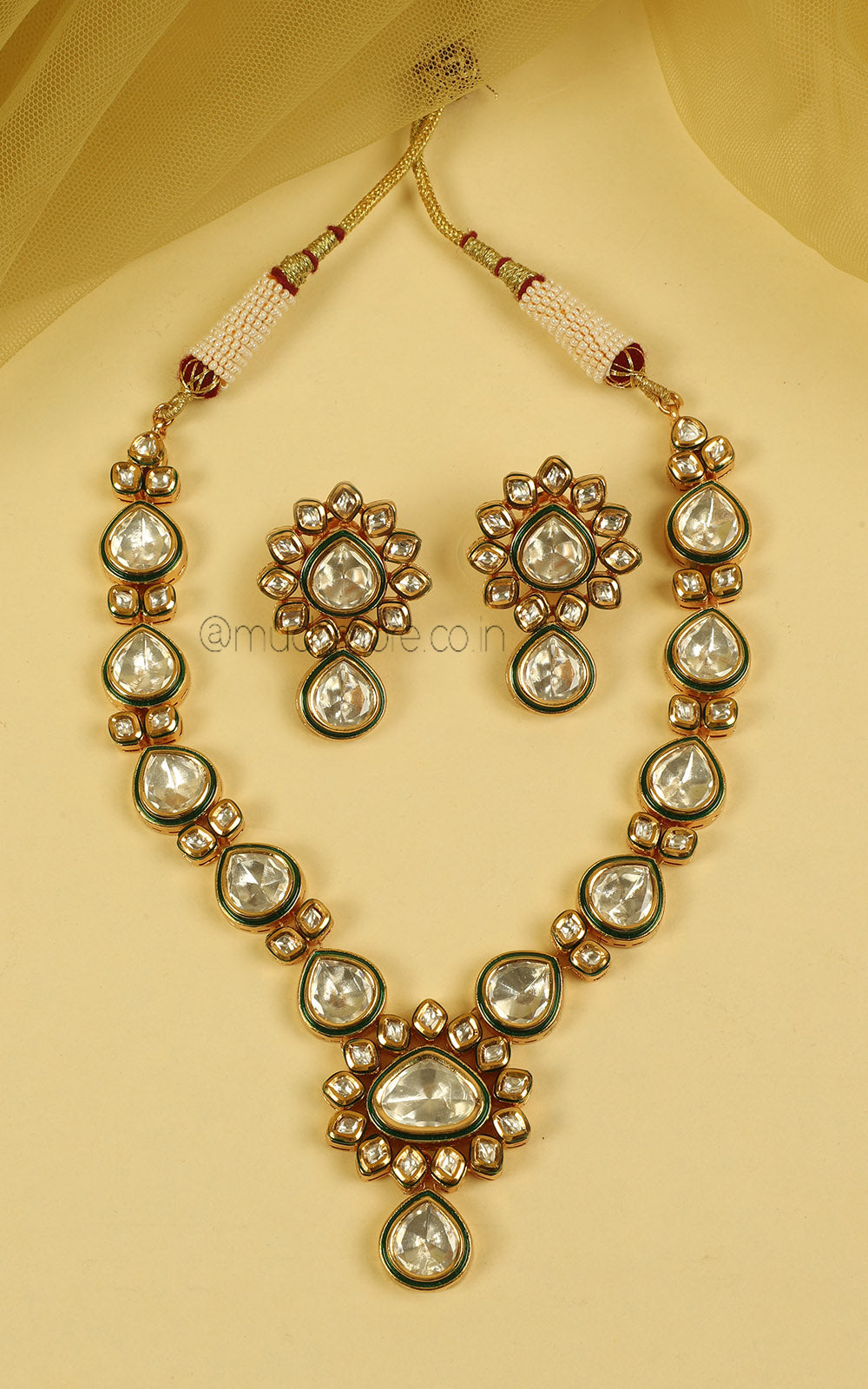 Polki Kundan Enamel Work Light Necklace Earrings Set