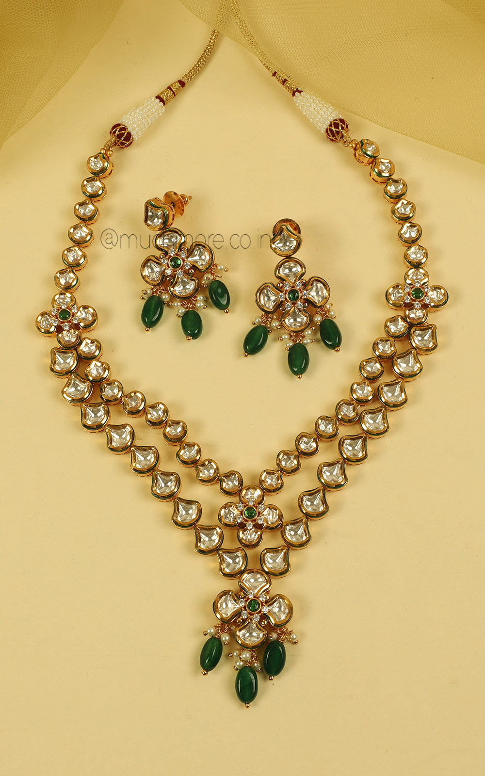 Double Layer Emerald Green Kundan Necklace Jewellery Set