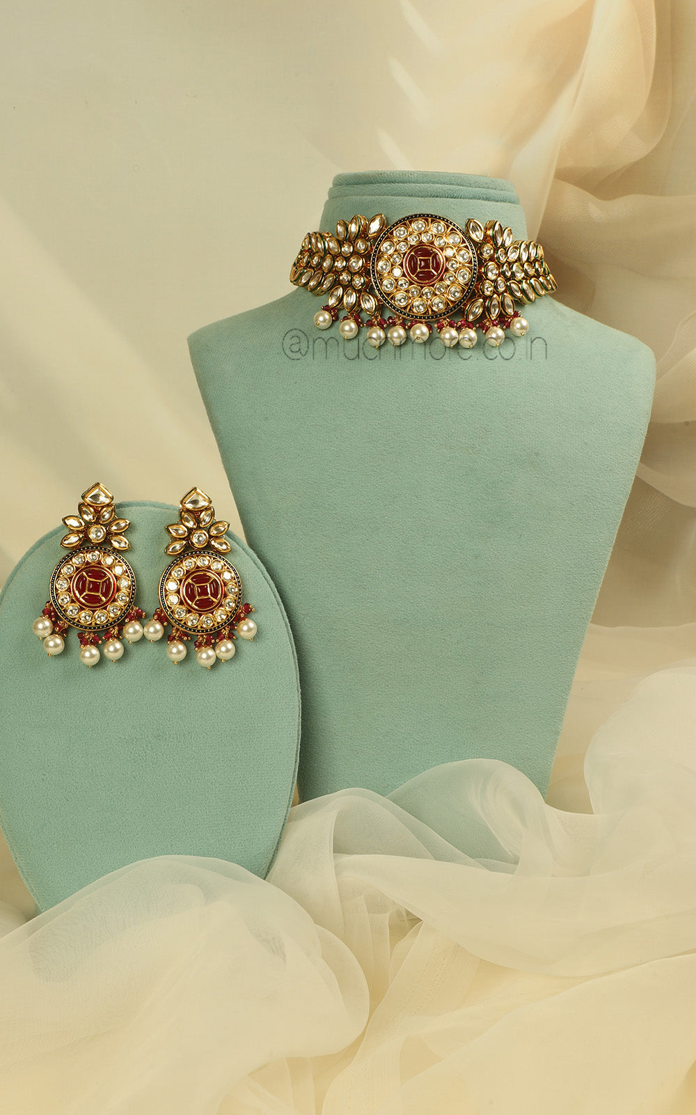 Ruby Gold Polish Kundan Choker With Pearl Hanging