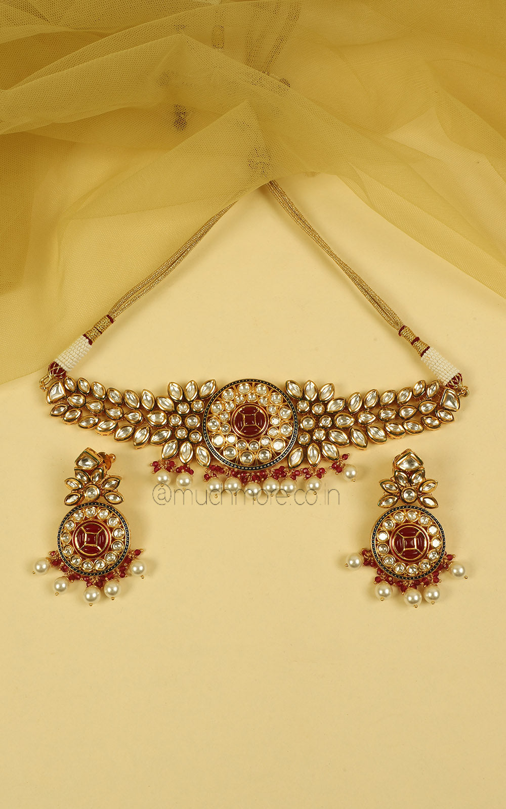 Ruby Gold Polish Kundan Choker With Pearl Hanging