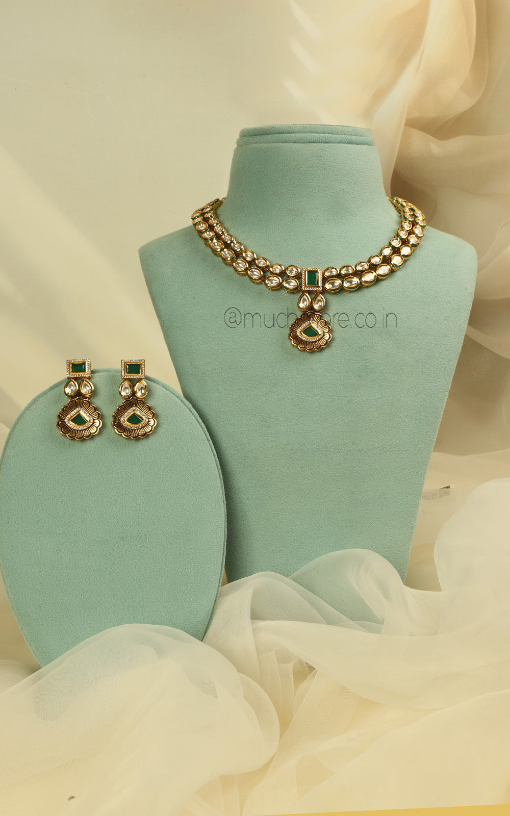 Emerald Green Gold Polish Kundan Necklace At Much More