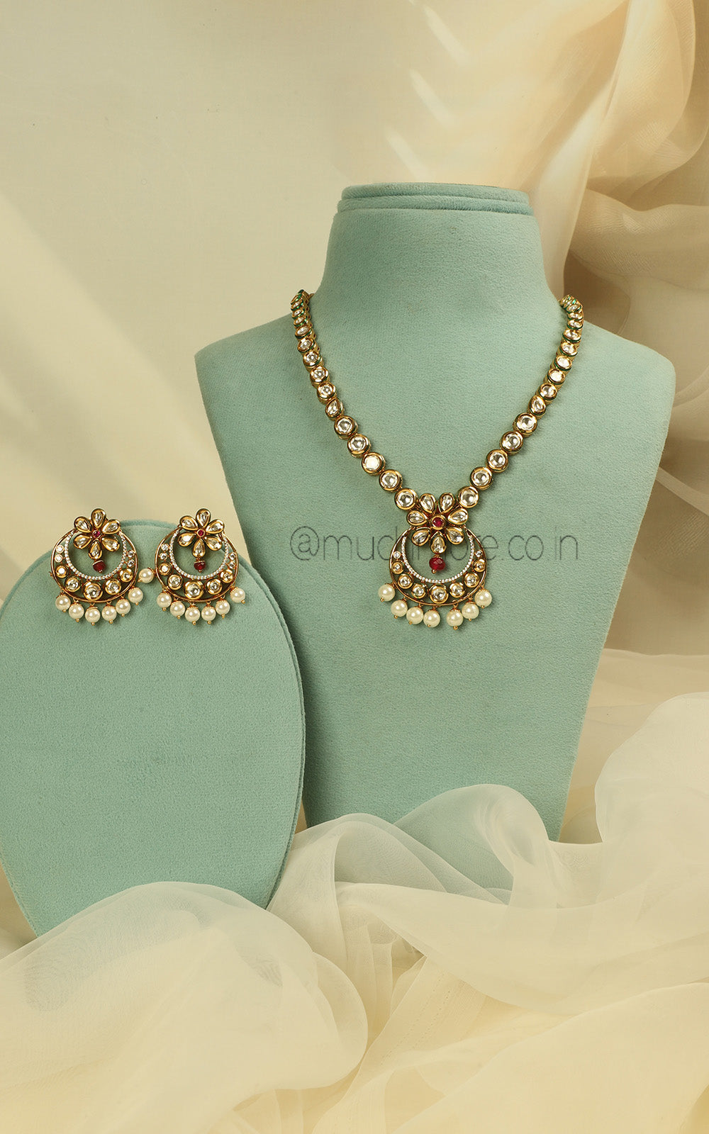 Ruby Gold Polish Pendant Style Necklace Chandbali Earrings