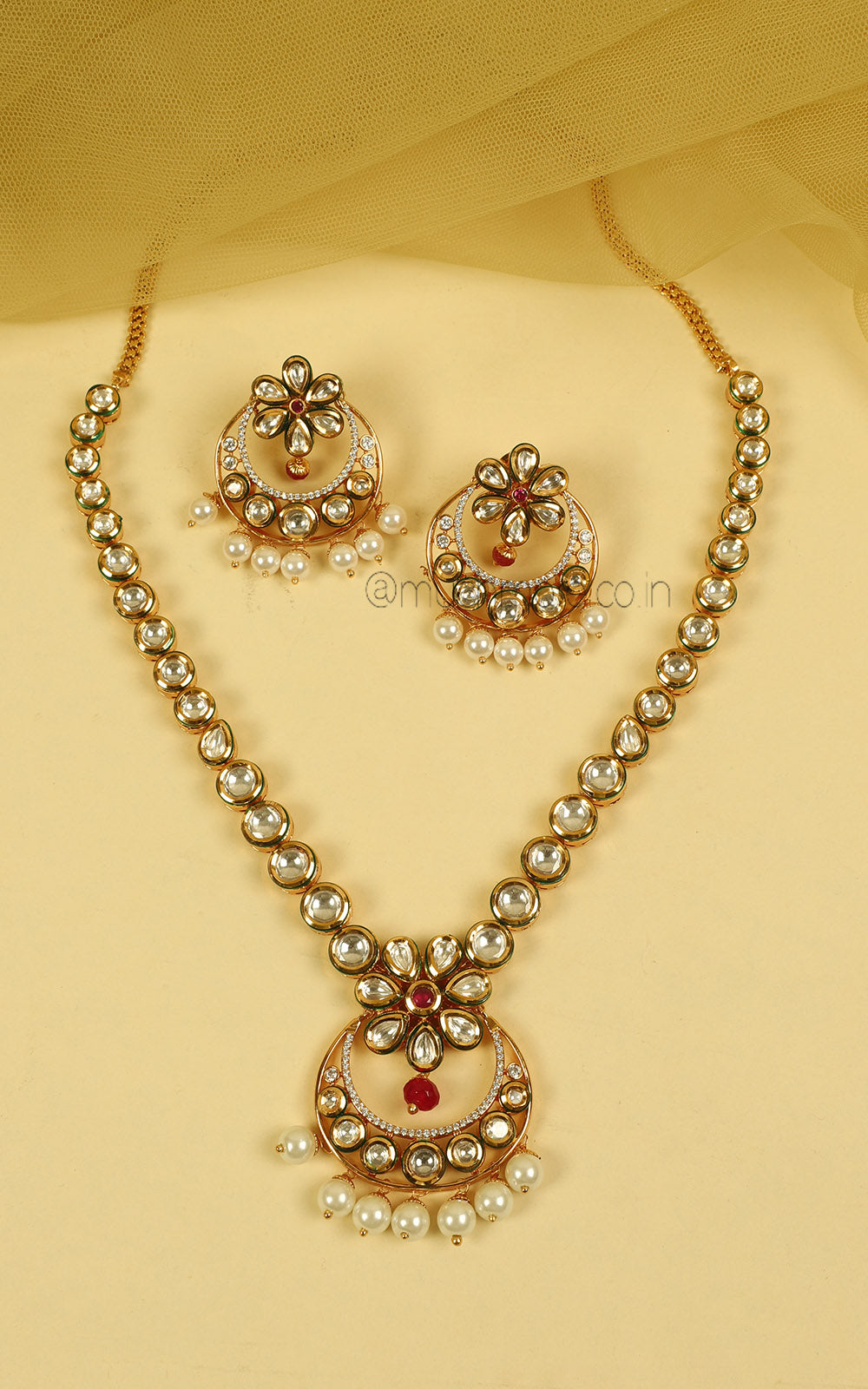 Ruby Gold Polish Pendant Style Necklace Chandbali Earrings