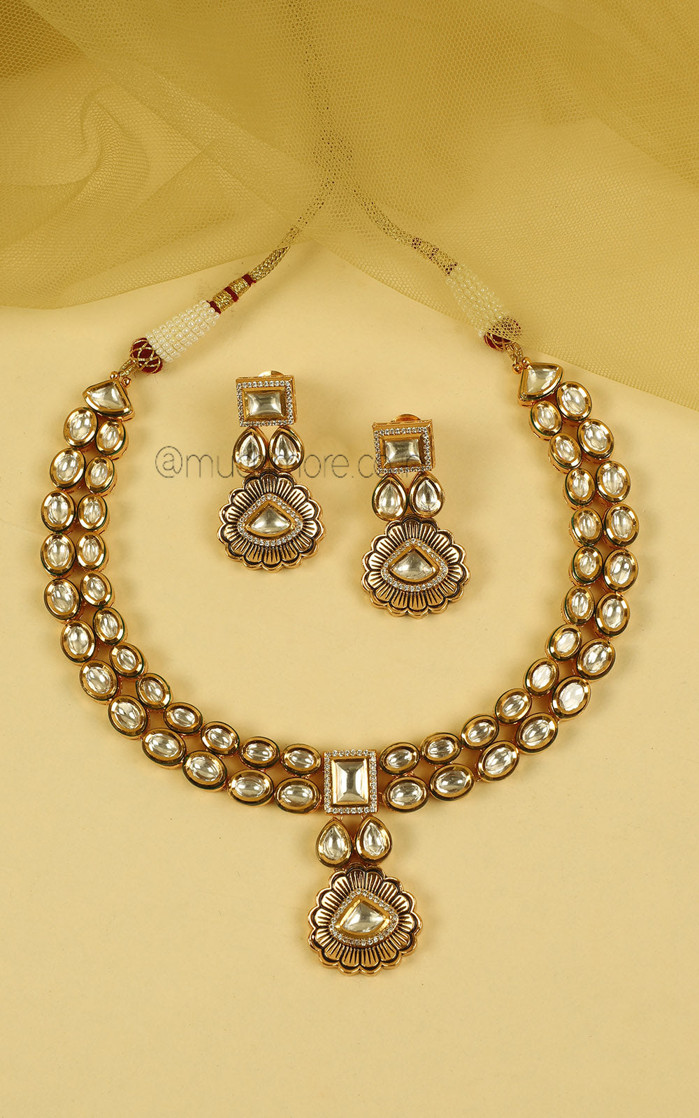 Buy Online Classic Gold Polish Kundan Necklace With Earrings