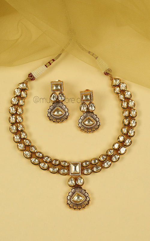 Buy Online Classic Gold Polish Kundan Necklace With Earrings