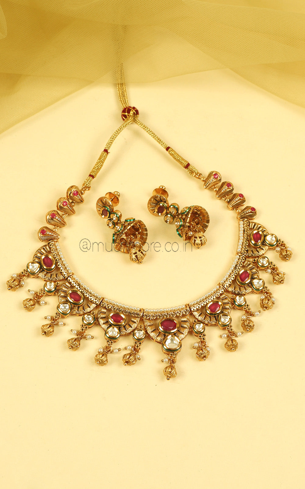 Gold Polish Ruby Kundan Necklace With Jhumki Earrings