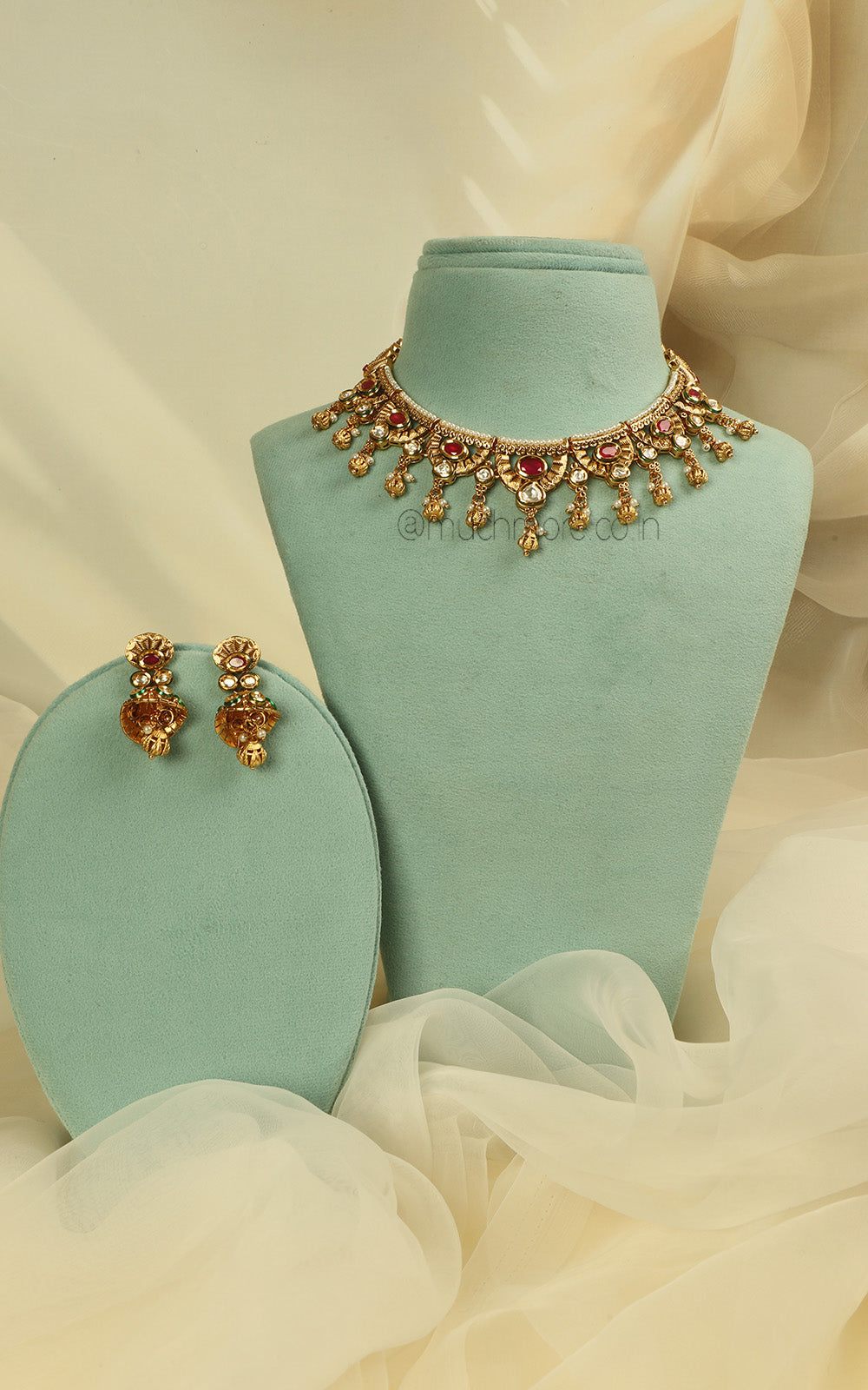 Gold Polish Ruby Kundan Necklace With Jhumki Earrings