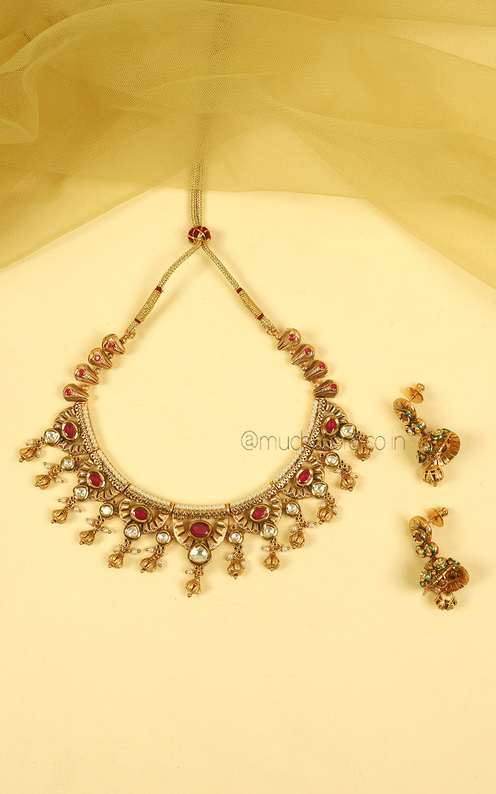 Gold Polish Ruby Kundan Necklace With Jhumki Earrings