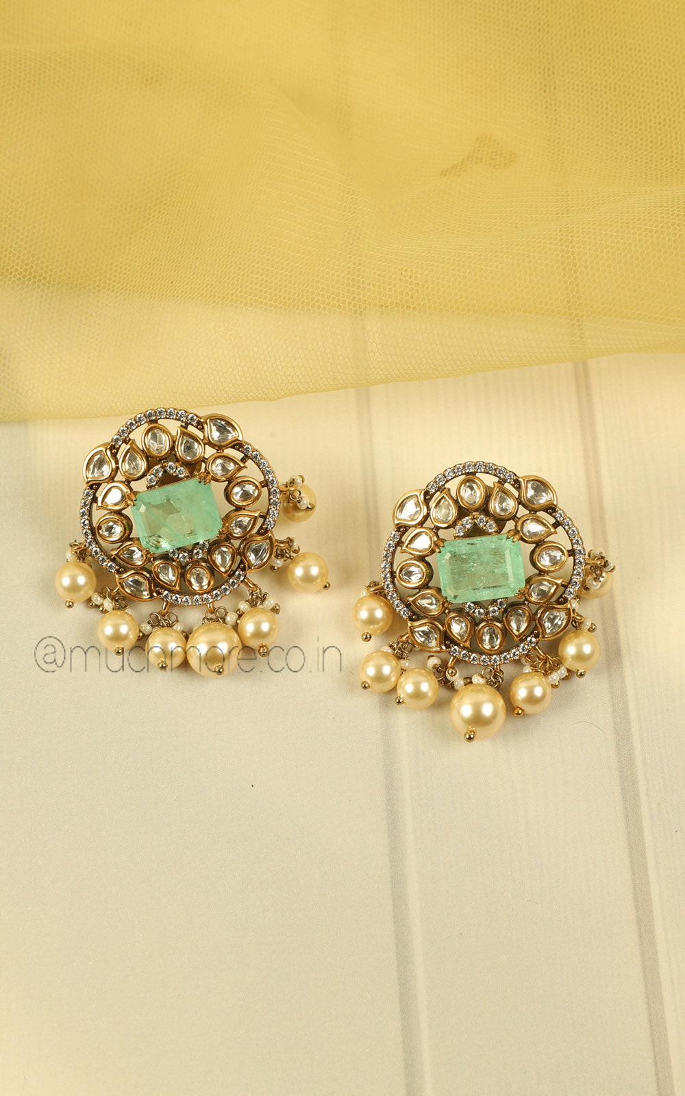 Mint Green Antique Gold Polish Beaded Kundan Choker Set