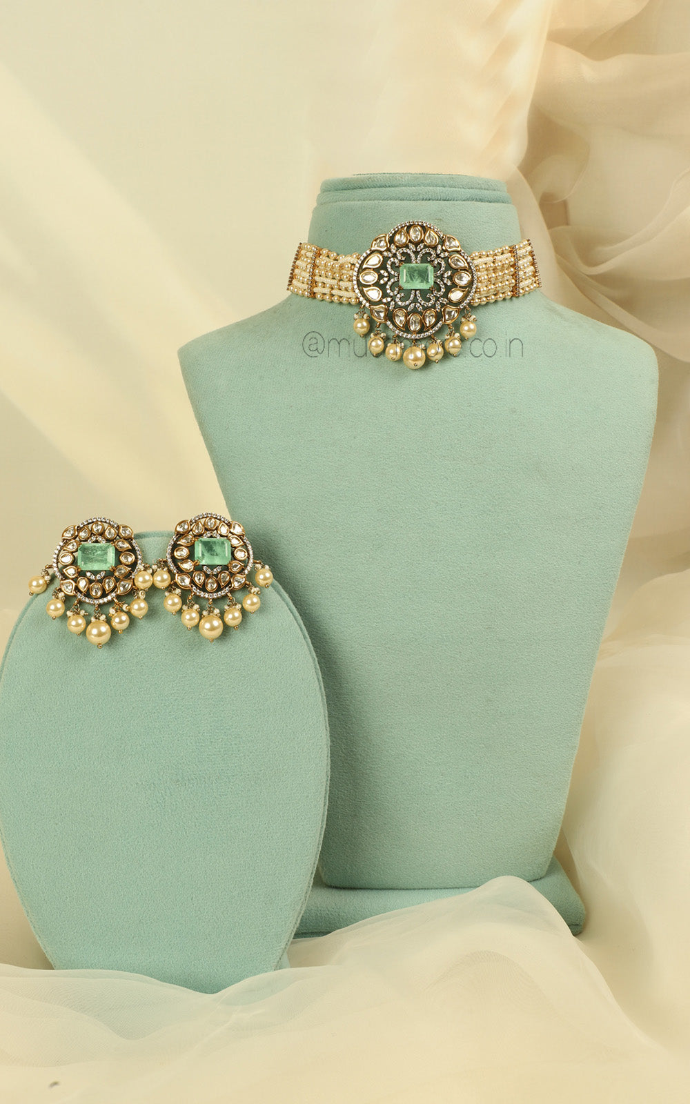 Mint Green Antique Gold Polish Beaded Kundan Choker Set
