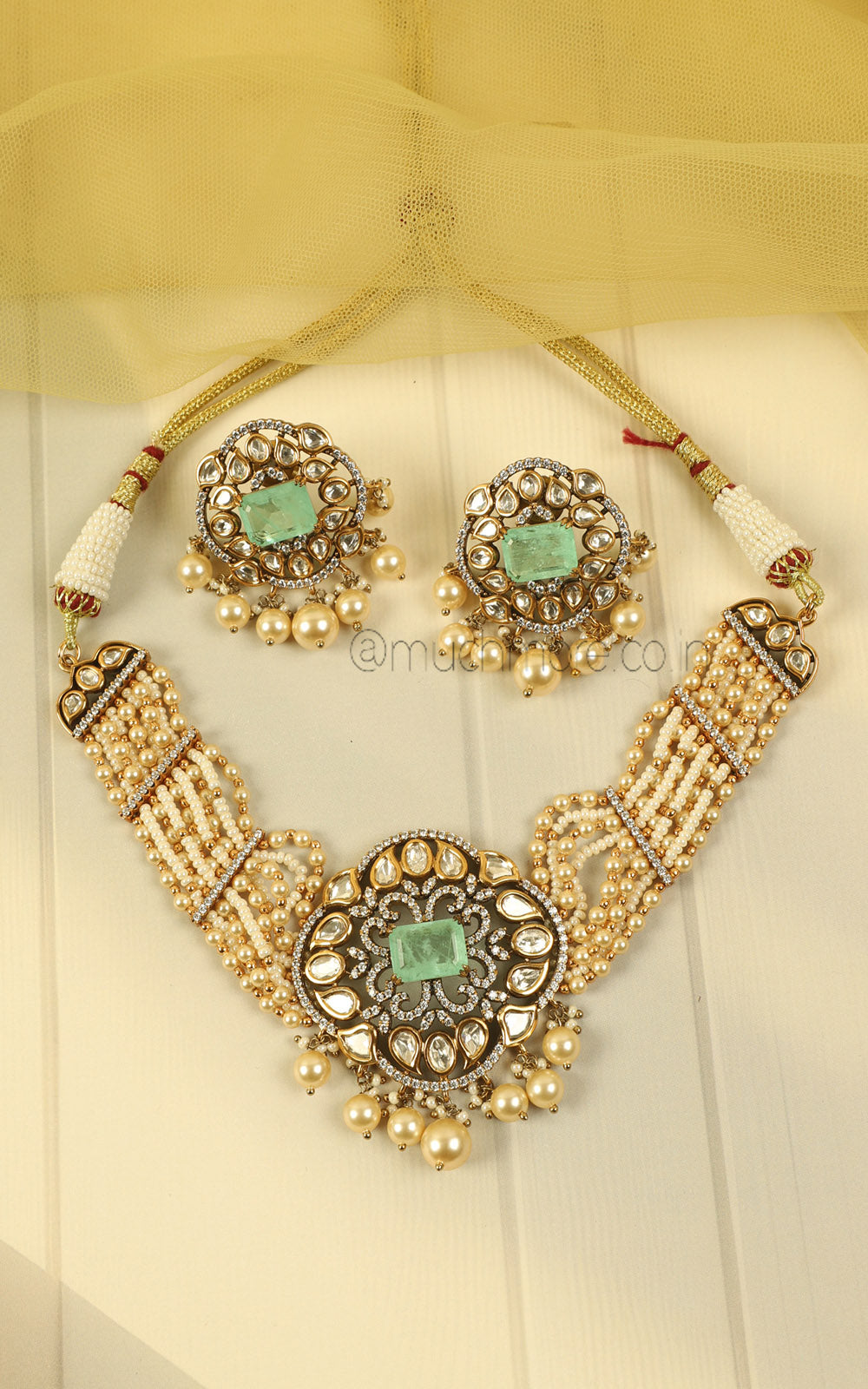 Mint Green Antique Gold Polish Beaded Kundan Choker Set