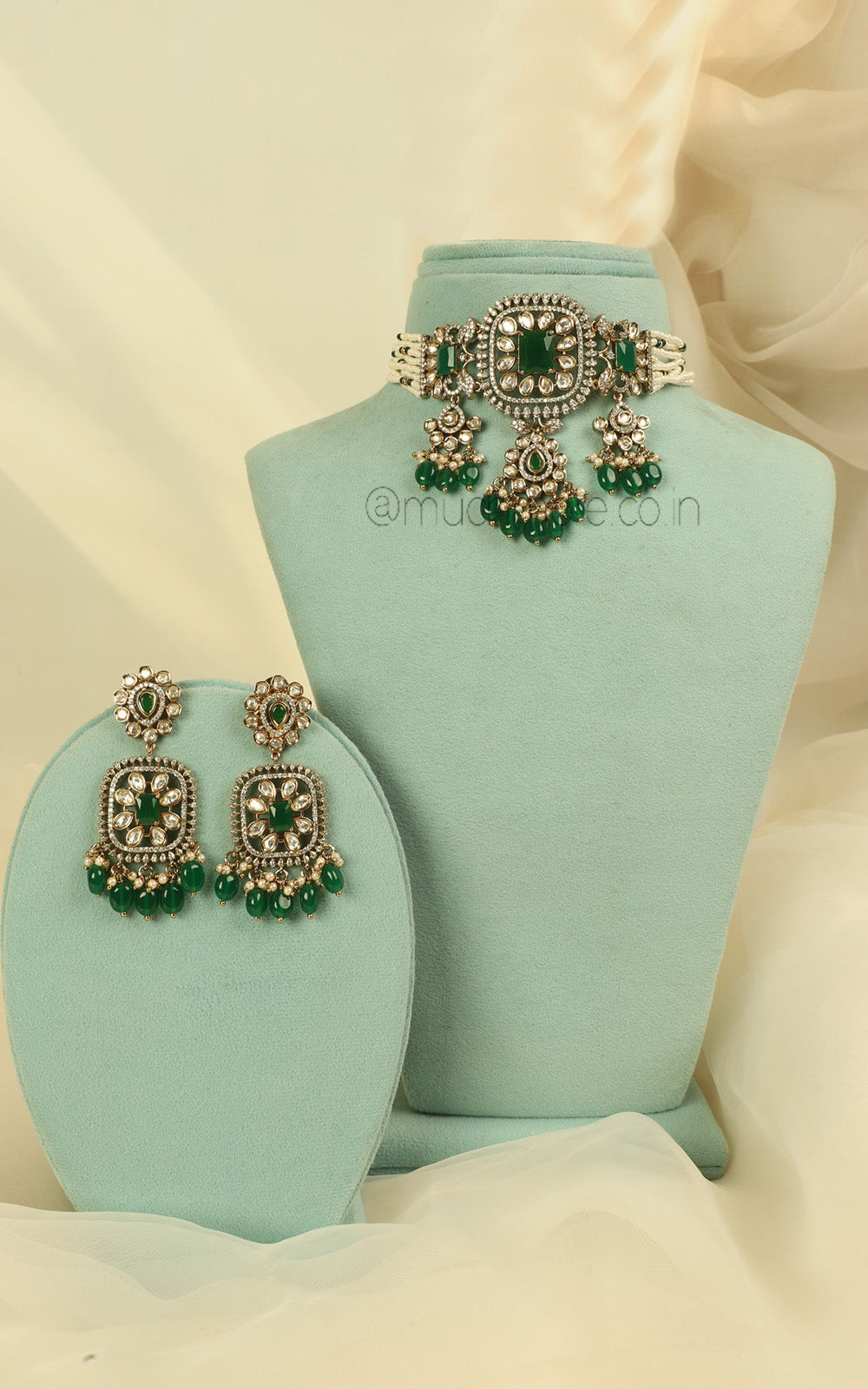 Emerald Green Beaded Kundan Choker Earrings Maang Tikka