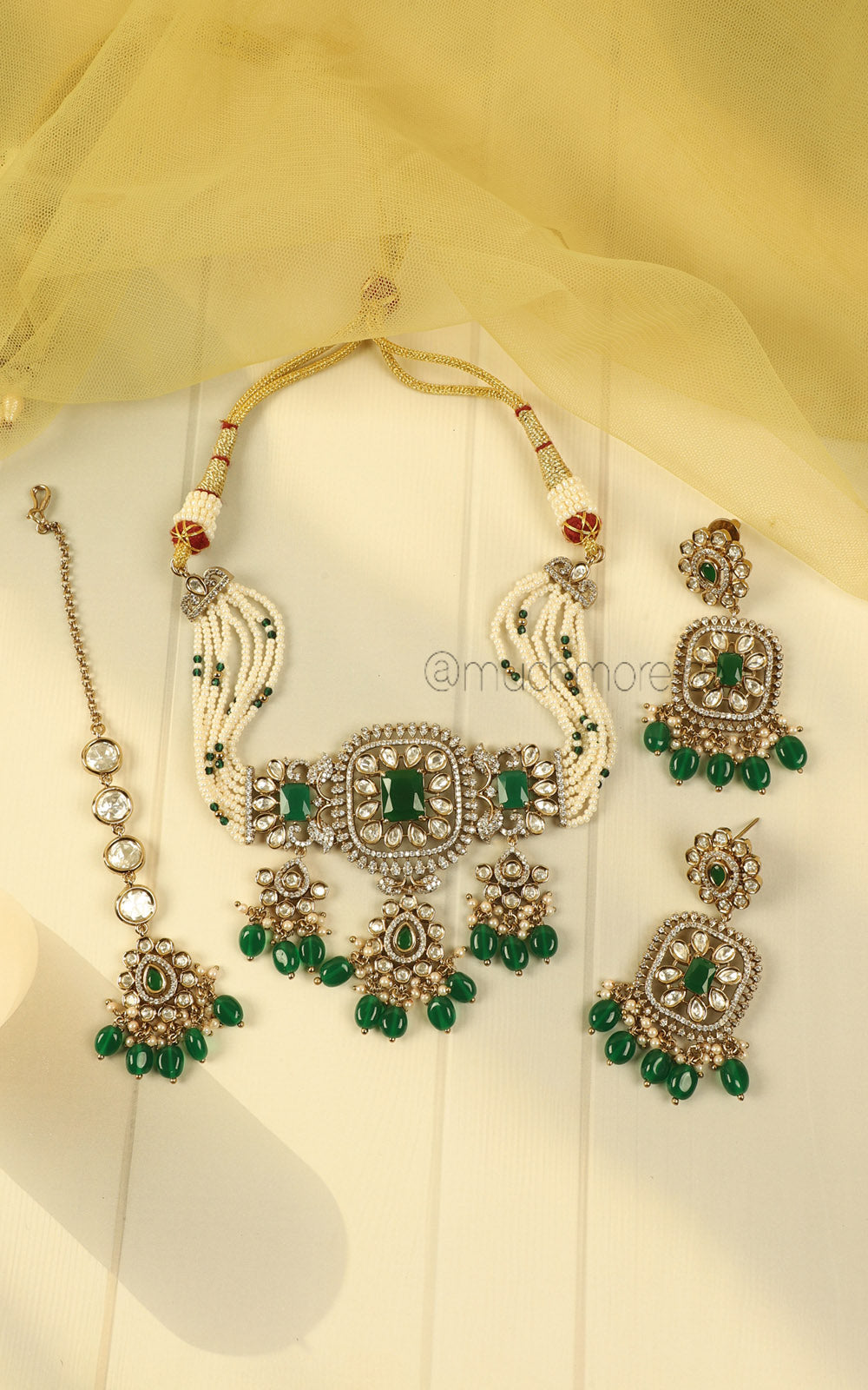 Emerald Green Beaded Kundan Choker Earrings Maang Tikka