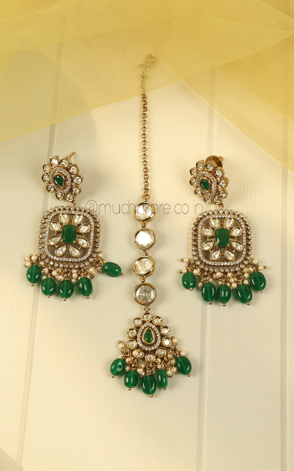 Emerald Green Beaded Kundan Choker Earrings Maang Tikka