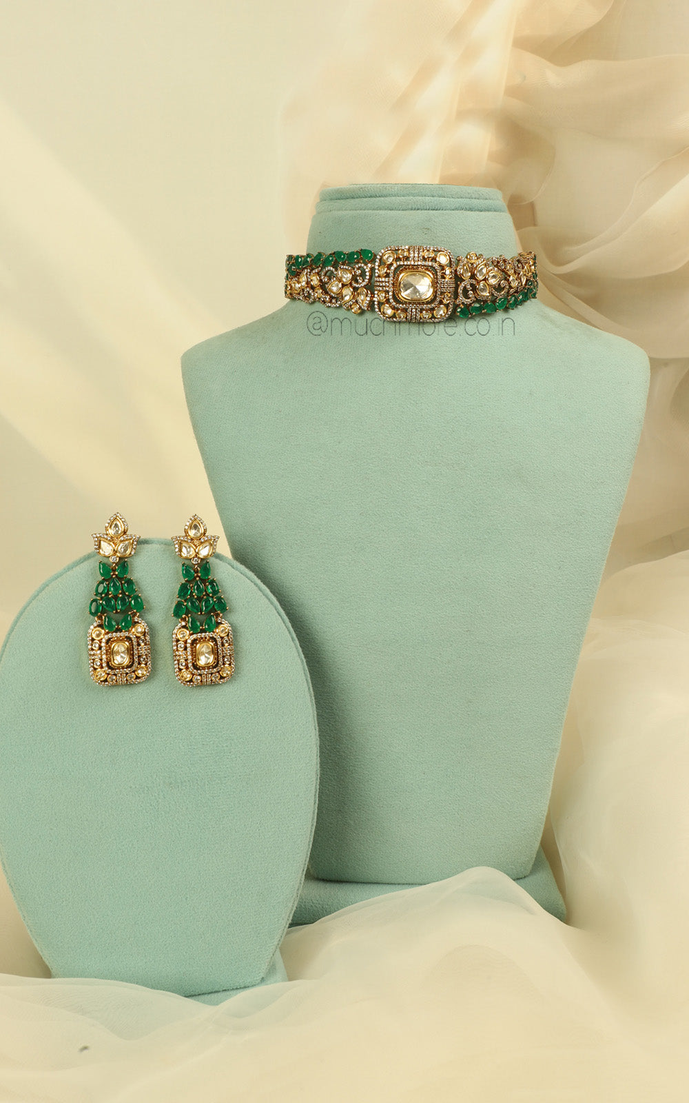 Emerald Green Kundan Diamond Fusion Festive Jewellery