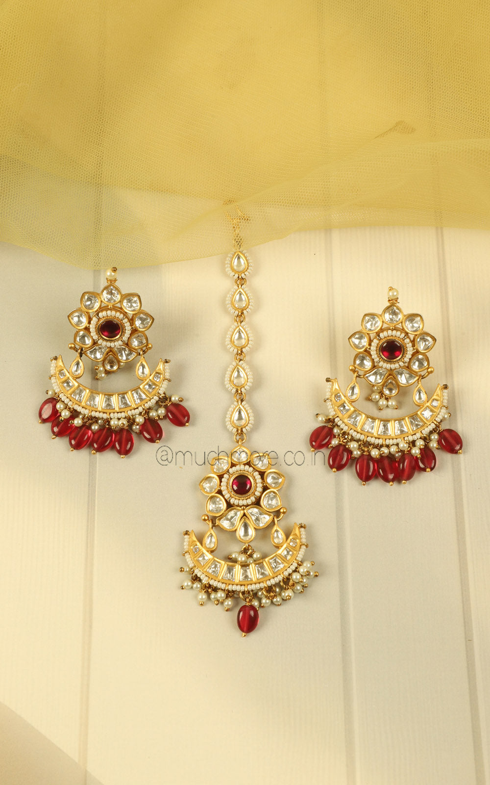 Ruby Droplets Bridal Choker With Crescent Moon Earrings And Tikka
