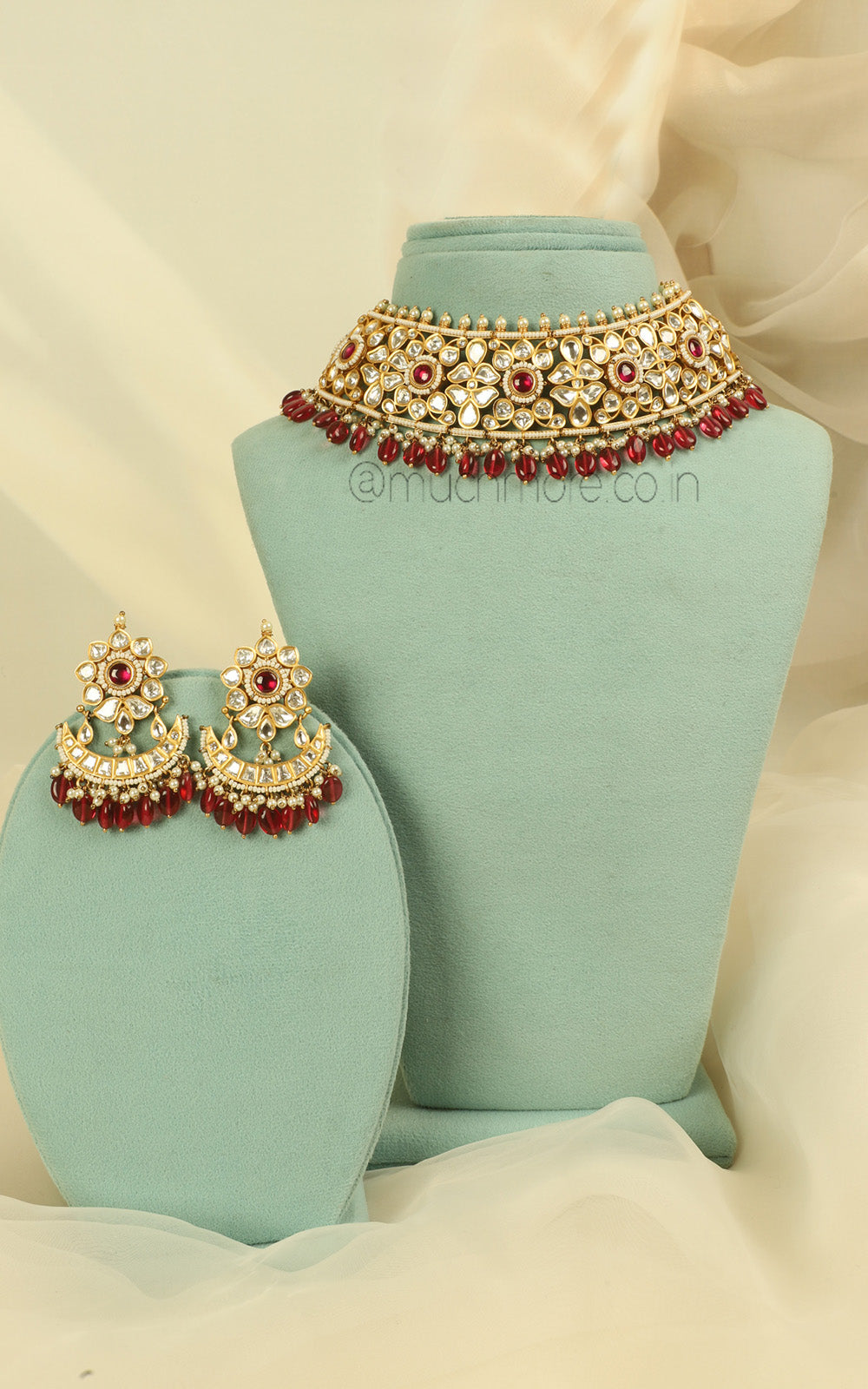 Ruby Droplets Bridal Choker With Crescent Moon Earrings And Tikka