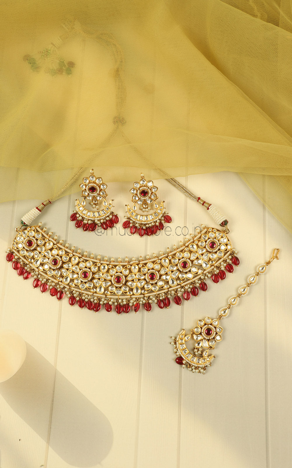 Ruby Droplets Bridal Choker With Crescent Moon Earrings And Tikka