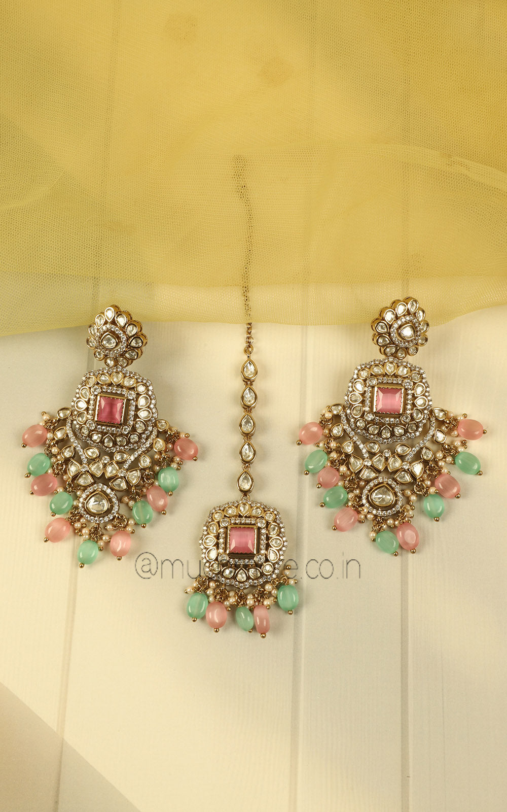 Mint Green Pink Beaded Choker Necklace With Earrings Tikka