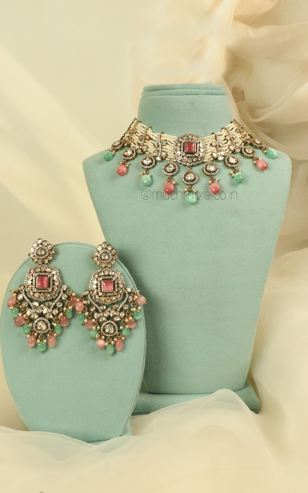 Mint Green Pink Beaded Choker Necklace With Earrings Tikka