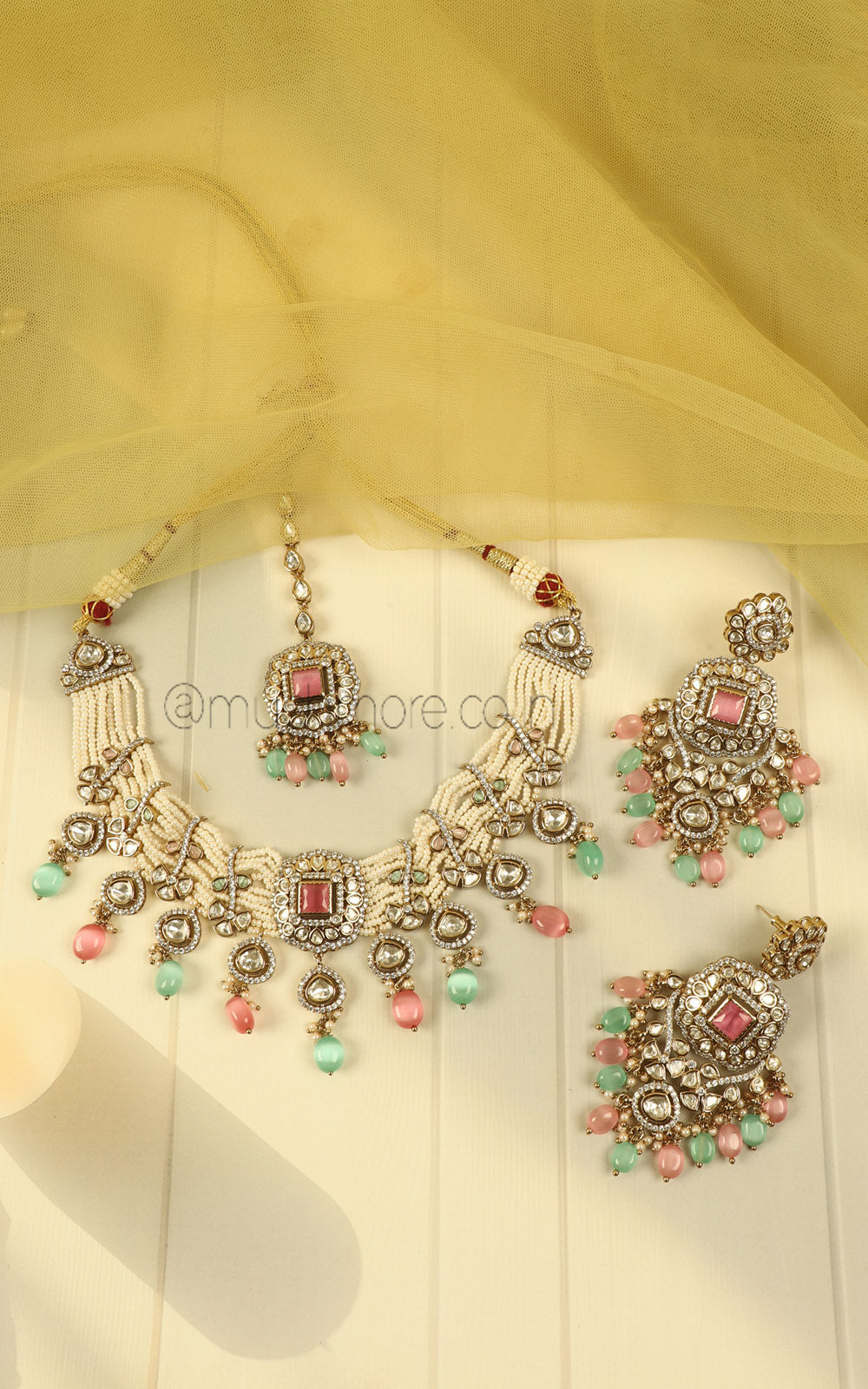 Mint Green Pink Beaded Choker Necklace With Earrings Tikka